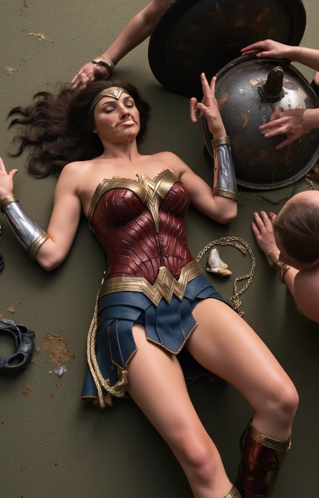 Wonder Woman (lay on ground), handcuff, spread leg, tied by thugs, (crowded), (mans in background try to tied her:1.2), tied, bound, (Wonder Woman with skirt:1.3), (Restrained:1.5), BDSM, (two man tied her up:1.2), (bird view angle) , (dress up) , unnaked, (ropes all over body), (eyes up), (painful), head down, (terrify:1.1), (angry eyebrow)