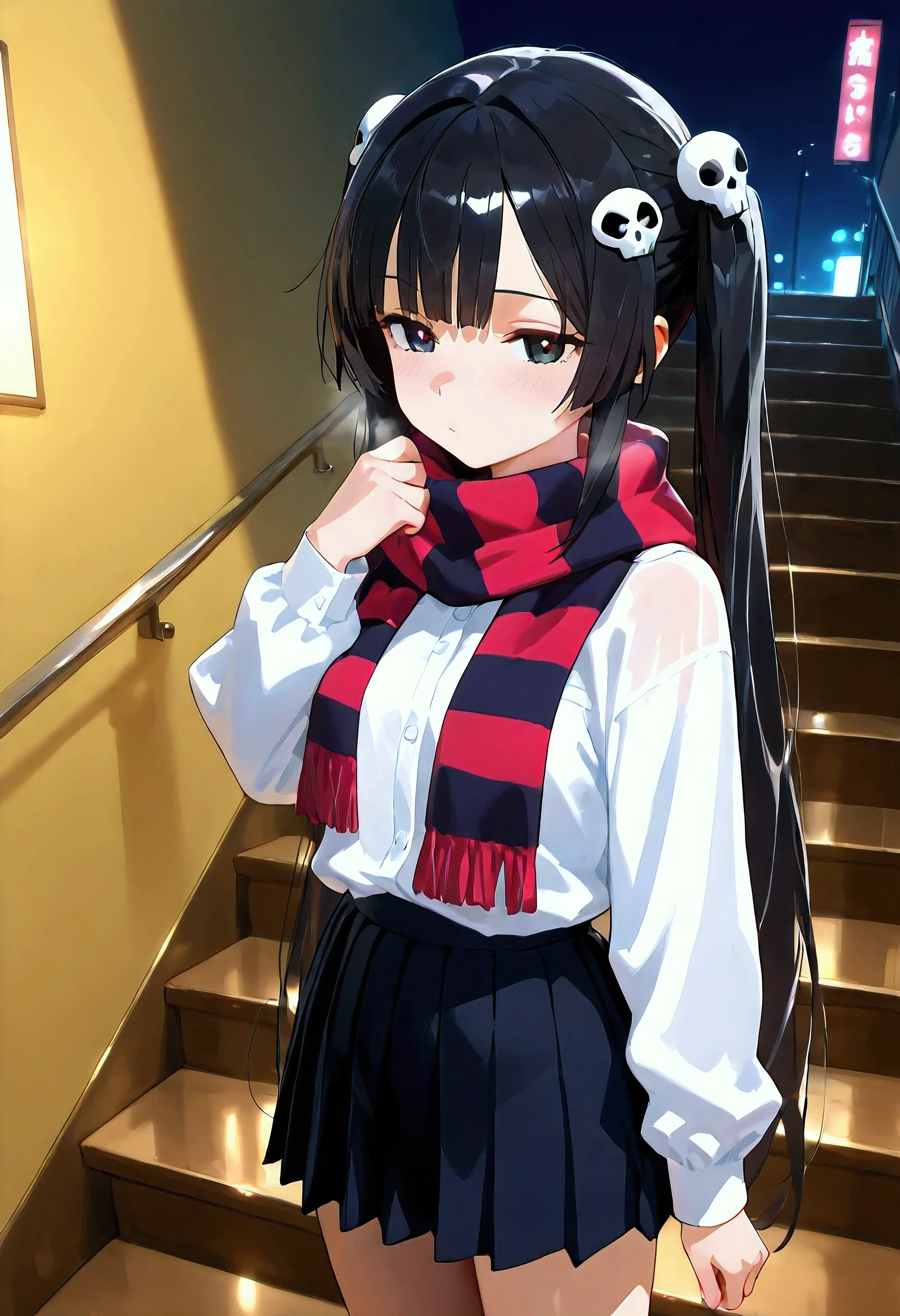 masterpiece, best quality, amazing quality, very aesthetic, high resolution, ultra-detailed, absurdres, newest, Anime screencap, highly detailed, high quality, hyper-Detailed, xmc. BREAK. 1girl, solo, long hair, bangs, skirt, black hair, hair ornament, long sleeves, twintails, standing, pleated skirt, striped, black skirt, scarf, black eyes, stairs, skull hair ornament, striped scarf