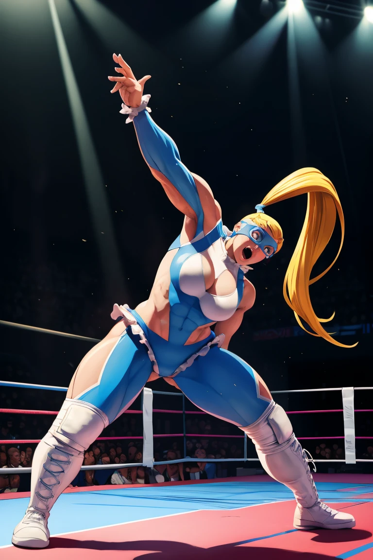 sexy, abs, tights, feet, sweating, smoking, smoker, muscled girl, large breast, large hips, blond hair, straight long hair, blue eyes, more smoke, blue legging, open breast, wrestling, she's wet, with cigar, showing off, wrestling pose