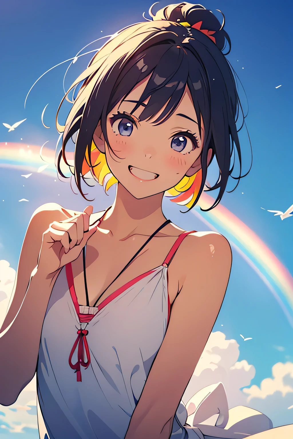 Anime girl with a rainbow in the background - SeaArt AI