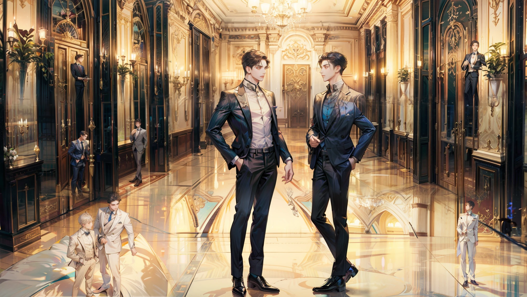 Two man standing in hotel looking at each other's face arguing ( first man in casual outfit and second man in expensive suit) full body view