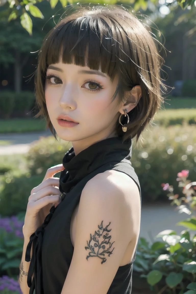 (8k, highest quality, masterpiece: 1.2), (realistic, photorealistic: 1.37), highest quality, very delicate and beautiful Japan girl, very detailed, elaborate details, masterpiece, top quality, official art, black hair, super detailed, high resolution, highly detailed face and skin texture, beautiful girl in perfect style, beautiful detailed eyes, face light, nose blush, ((one girl)), blue eyes, green eyes (Red Lips, Eye Makeup, (Black Hair, Short Hair, Bob Cut: 1.4), (Full Body: 1.3), Necklace, Earrings, Medium, Cleavage, (Short Sleeves, Cut-Off Shorts: 1.1), Tattoo, Slender Abs, Shiny Skin, Park, Outdoor, Professional Lighting, Realistic Shadows, Sharp Focus,