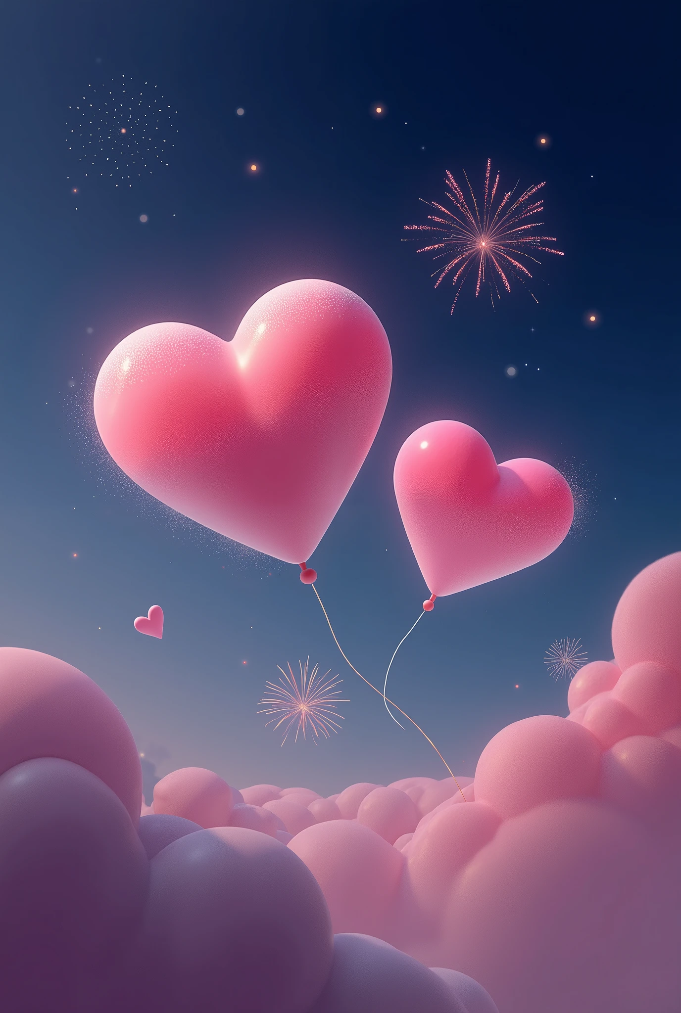 Pink Valentine's Day ，Sky， night view， pink love clouds，fireworks