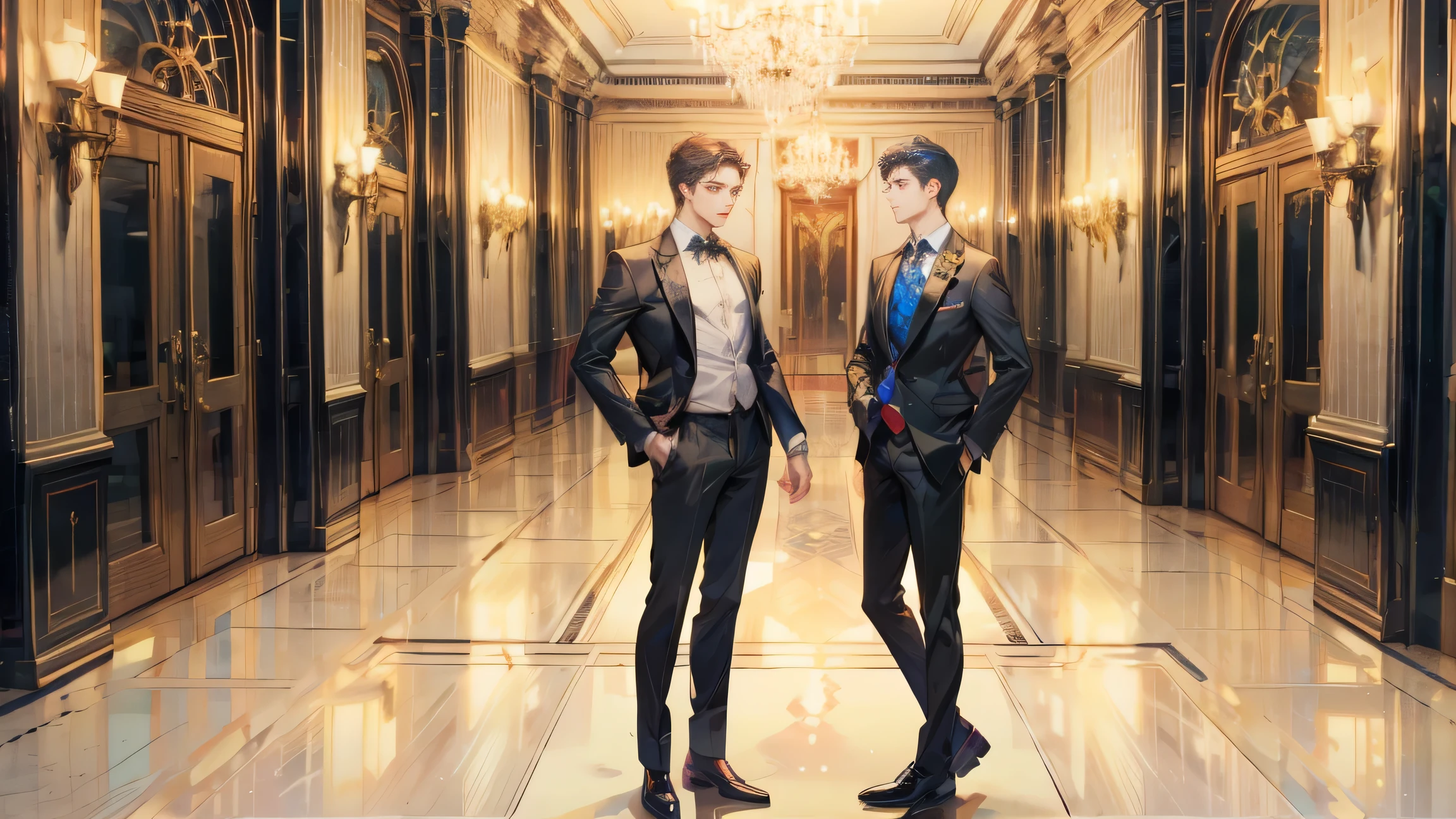 Two man standing in hotel looking at each other's face arguing ( first man in casual outfit and second man in expensive suit) full body view