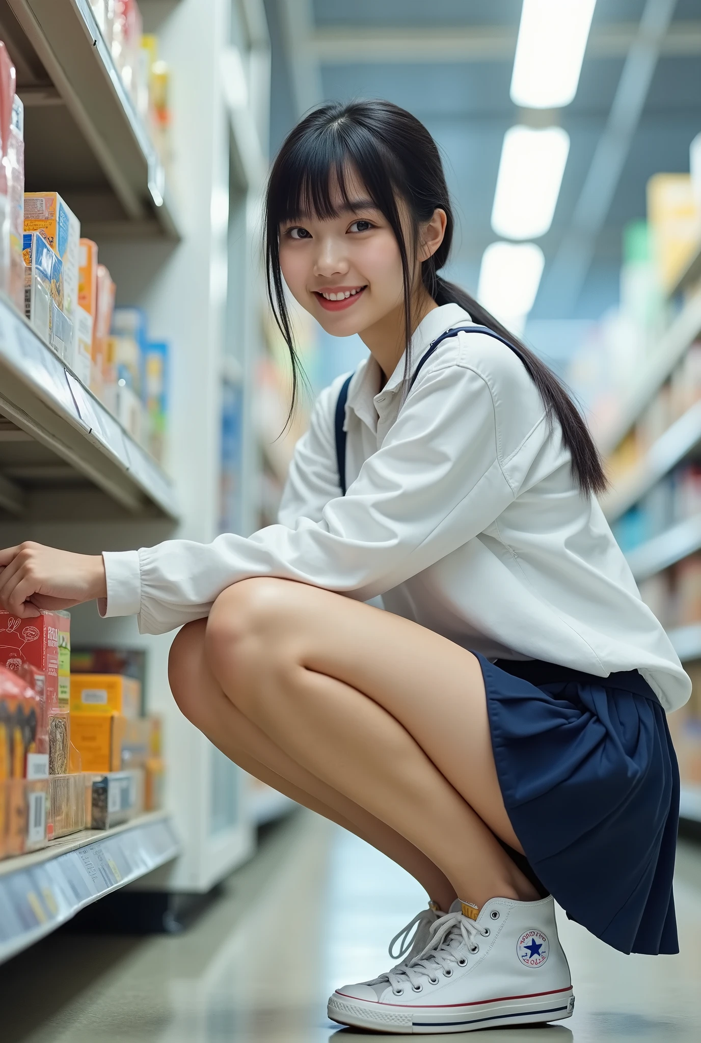 (8K, 超A high resolution, Best Quality, masutepiece:1.2),(18year old:1.2)、(huge smile)、(Look away)、8K、RAW portrait of japanese girl、Photorealsitic、超A high resolution、top-quality、 (huge-breasted、Close all buttons on the shirt:1.1),(student clothes、Pure White Cutter Shirt、Pleated mini-skirt:1.1)、(From directly below:1.3)、Cross your arms behind your head、(Inside a convenience store:1.2) BREAK (Natural Skin Texture、Detailed skin、Hyper-Realism、ultra sharpness)、intricate detailes、depth of fields、Japan idol system、hposing Gravure Idol、爆乳、Long blonde high ponytail、(Bend your knees open your legs wide:1.7)、(High-leg T-back:1.1)、voluptuous breasts、big eye、Thin makeup、bangss、Eye lashes、Crisp double、cheerful look、Dainty girl、Pure White Cutter Shirt、(Showing off an ultra-thin T-bag:1.5)、(Gani crotch:1.7)、(Put a white shirt inside the skirt:1.1)、Show the armpits、(Plaid pleated skirt、Black loafers、Black socks:1.2)、(Flashy ultra-fine T-back with small area:1.5)、(recess in the areola with protruding areola:1.5)、portlate、Perfect Angle Pro Quality High Resolution Perfect Contrast Perfect Lighting Perfect Composition Perfect Wife Perfect Skin Perfect Hands Perfect Fingers Perfect Chest Perfect Hair Perfect Face Realistic Facial Feature Masterpiece、