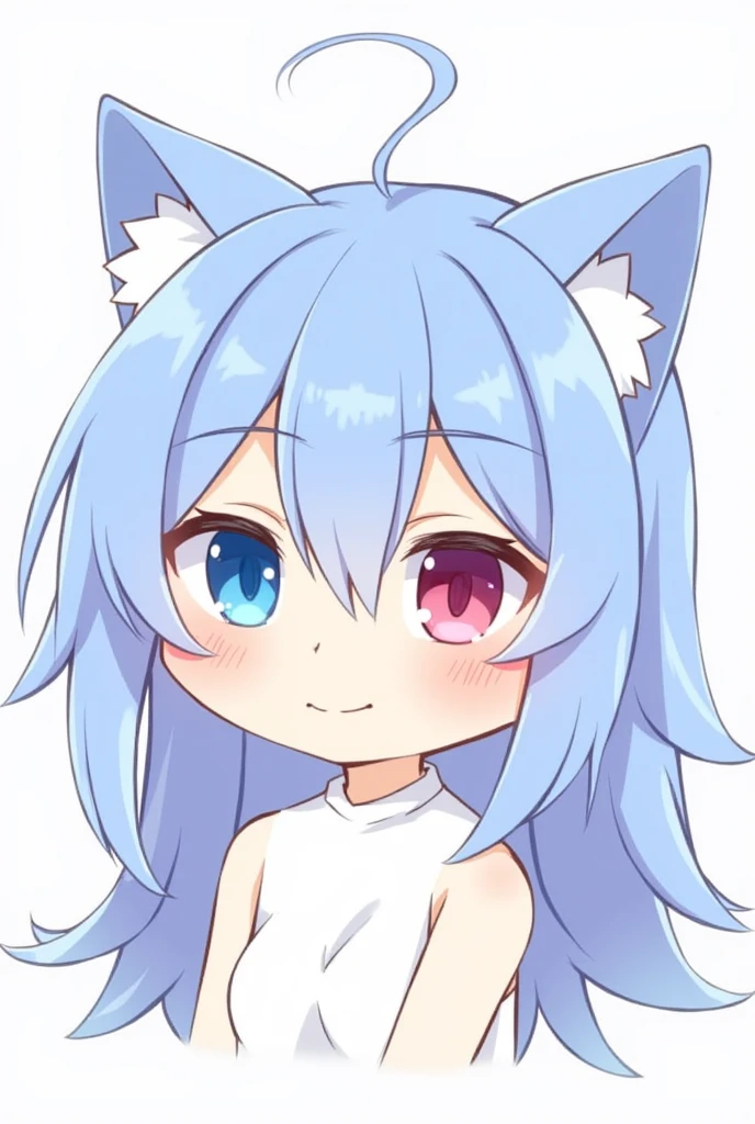 chibi, smug, 1 girl, Lumine \(genshin influence\), solo, blue long hair, blue cat ears, right eye blue left eye pink, hair between eyes, looking at viewer, light skin, smile, : 3, blush, simple background, smug face