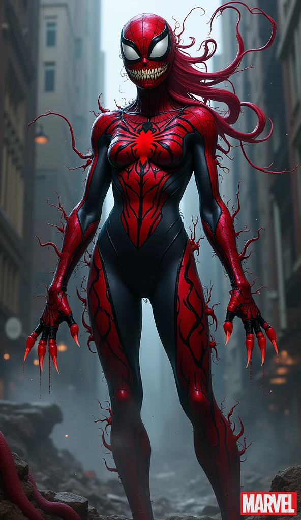 /imagine prompt: A striking and formidable hybrid character that seamlessly blends the attributes of Spider-Gwen and Carnage. This unique being stands tall, showcasing a muscular physique that embodies the raw power and chaos of Carnage while retaining Spider-Gwen's agility.
The costume features a chaotic design dominated by Carnage's vibrant red symbiote, with black tendrils that writhe and pulse across her body. The suit appears organic and fluid, with sharp, jagged edges that enhance the menacing look, capturing the essence of Carnage’s unpredictable nature.
Her face is a haunting blend of Spider-Gwen’s features and Carnage's chaotic design. One side displays Gwen's familiar features, while the other is twisted and grotesque, with a wide, toothy grin filled with sharp teeth, reflecting madness and ferocity.
Her eyes are asymmetrical: one bright and focused, embodying Gwen’s determination, while the other is wide and wild, filled with dark energy. The character’s hands are clawed, with elongated fingers that hint at both agility and lethal capability, dripping with symbiotic tendrils.
The background features a dark, chaotic urban environment, filled with shadows and signs of destruction, enhancing the dramatic atmosphere. This composition emphasizes the duality of the character, showcasing the terrifying blend of heroism and villainy, inviting viewers to marvel at this extraordinary fusion. --ar 16:9 --v 5 --q 2 --hd