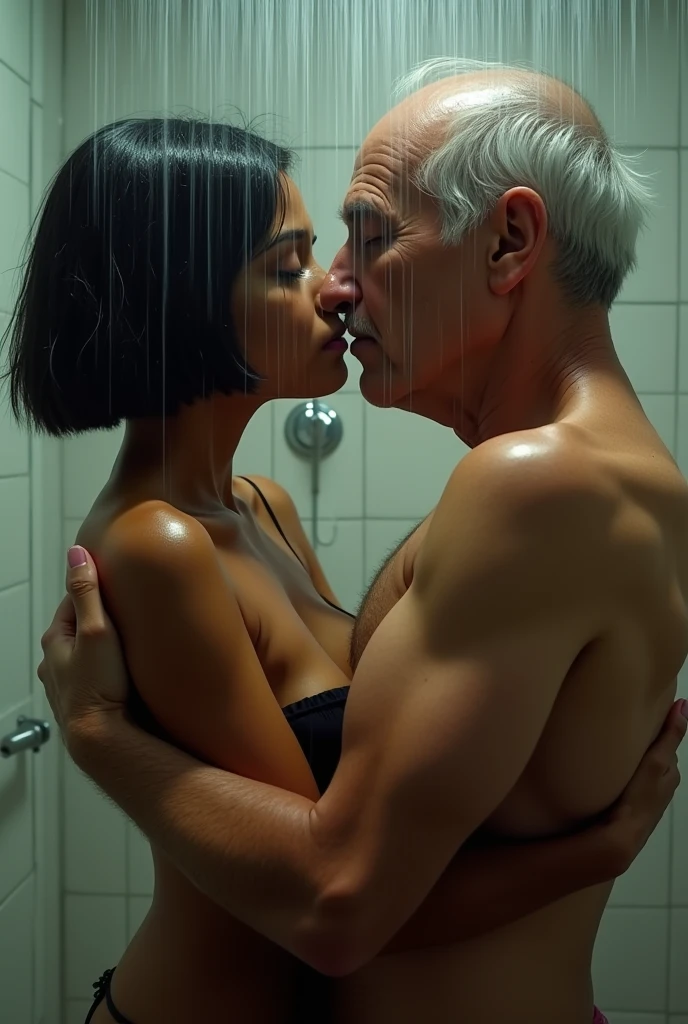 European 30-year-old couple, she has pink short hair, nude, she has perfect tits, he has perfect penis, shower, hyperrealist, 32k, Masterpiece