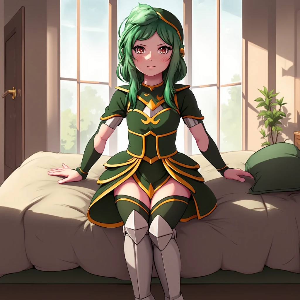 <lora:tiki-fef:0.6>, tiki fe, 1girl, solo, looking at viewer, blush, sitting, on bed, seductive smile, <lora:zerosuit-nvwls-v1-final:0.8>, zero suit, blue gloves, cowboy shot, tiara