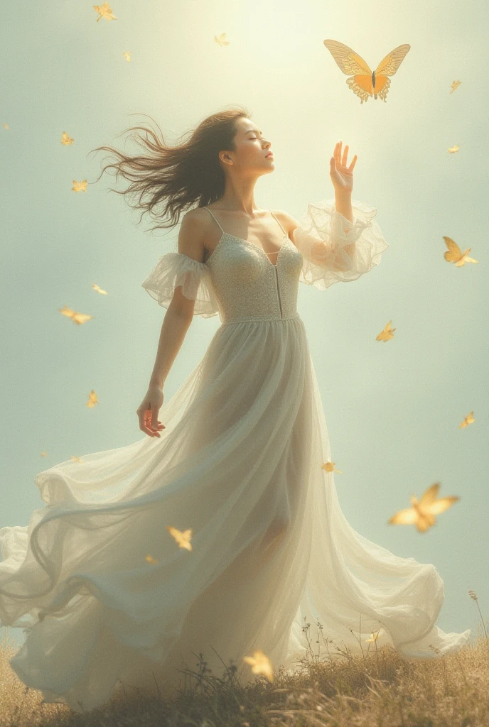 (Masterpiece) A photorealistc portraif of a stunningly beautiful and extremely happy woman dressed as a bride, throwing her bouquet of flowers up to the air, standing on a field of fireflies, mirrors, photograph, wonder, amazement, night, cinematic lighting, empty wonder, amazement, cinematic, 8k, evening,  view, empty, stock photo, movie still, cinematic lighting. photograph photograph, in the style of Martin Schoeller, detailed symmetric realistic face, extremely detailed natural texture, peach fuzz, long hair, masterpiece, absurdres, nikon d850 film stock photograph, kodak portra 400 camera f1.6 lens, extremely detailed, amazing, fine detail, rich colors, hyper realistic lifelike texture, dramatic lighting, unrealengine, trending on artstation, cinestill 800 tungsten, looking at the viewer, photo realistic, RAW photo, TanvirTamim, high quality, highres, sharp focus, extremely detailed, cinematic lighting, 8k uhd,-imagine-