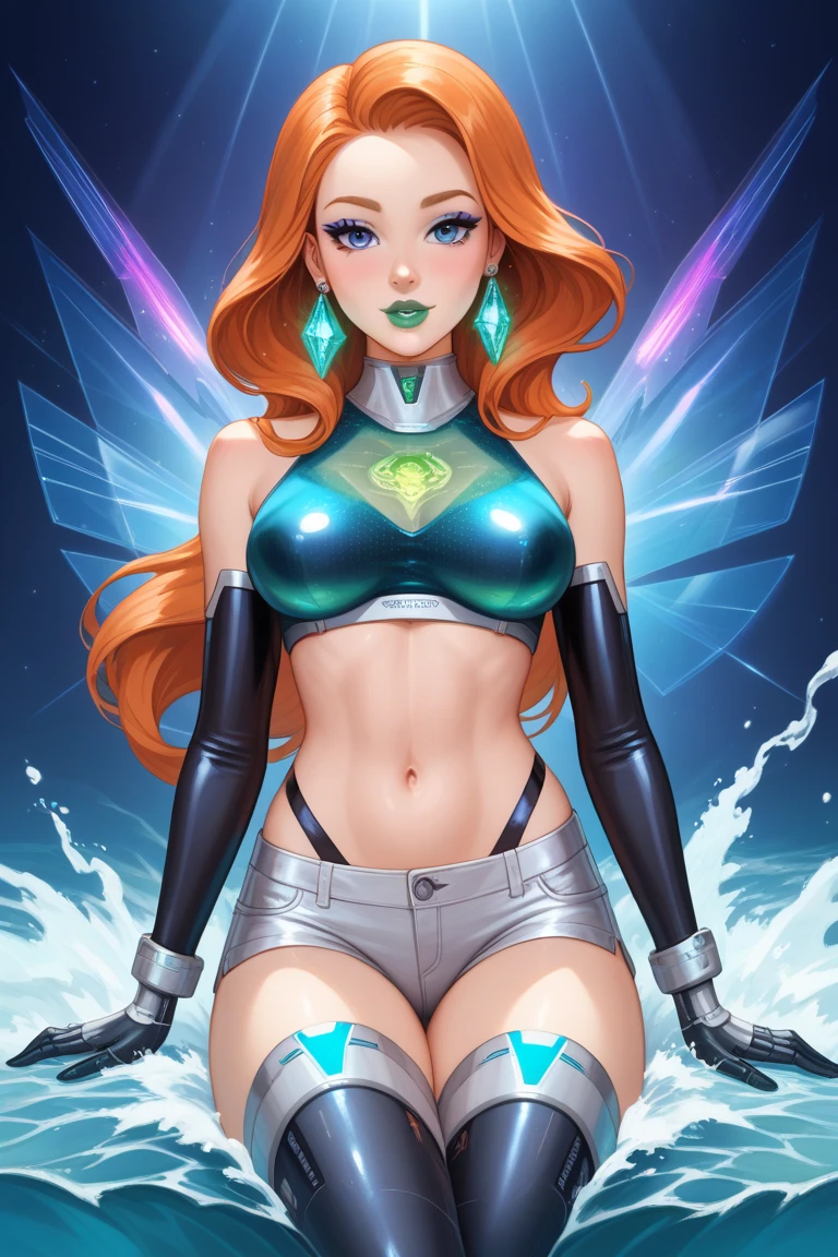 Xmen Mystique,(Raven Darkholm) orange hair,blue skin,yellow eyes,Close up of breasts, black leather bikini, tropical waterfall location, smile