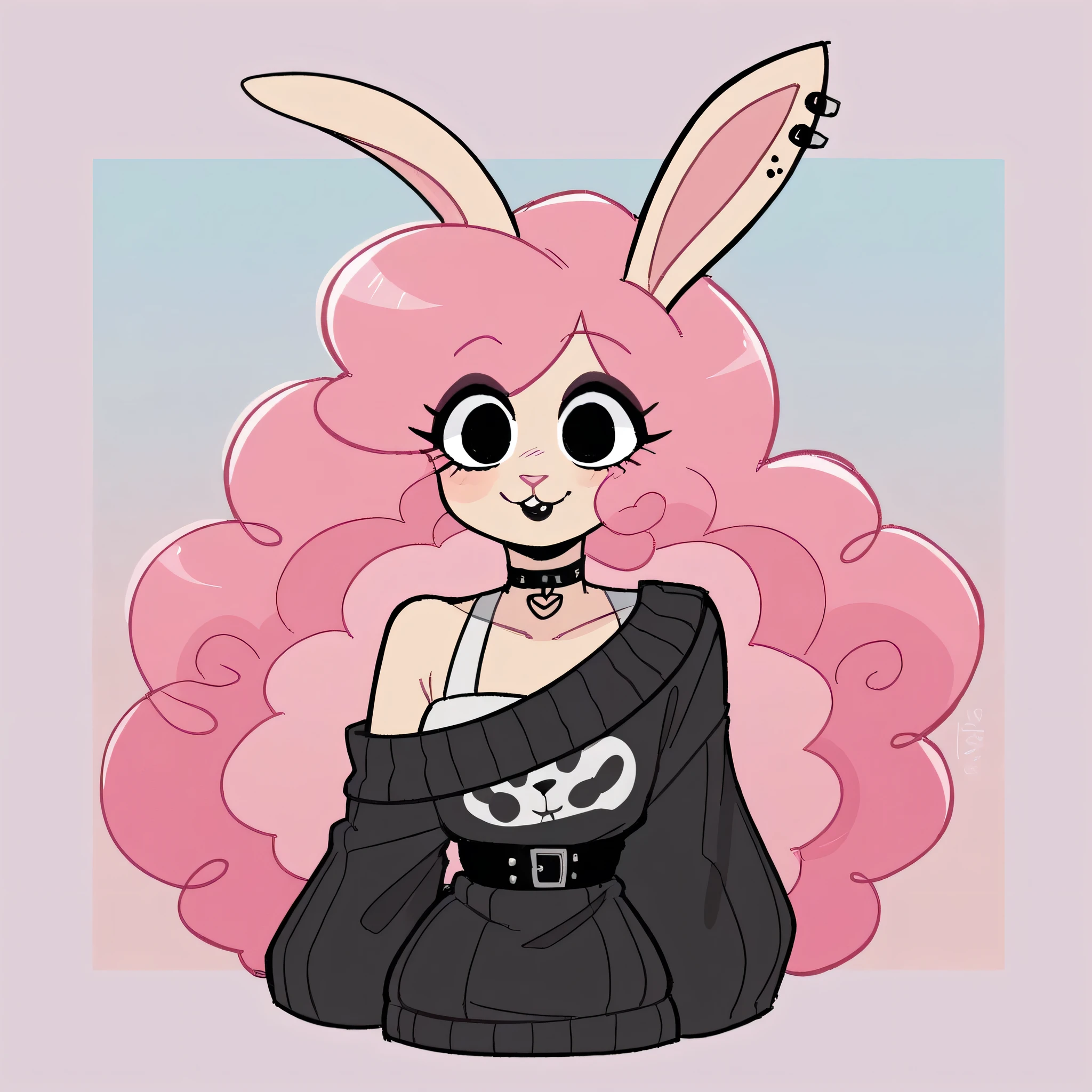 better quality, very detailed illustration , , ( Anthropomorphic furry rabbit:1,7), ruffled voluminous bouncy hair , rabbit ears, playful look, delgado, ideal body, thin waist , wide hips, simple drawing, Artifyber style , pastel flat colors , beautiful, cartoon ,solo, long curly pink hair, off the shoulder dress sweater, goth outfit