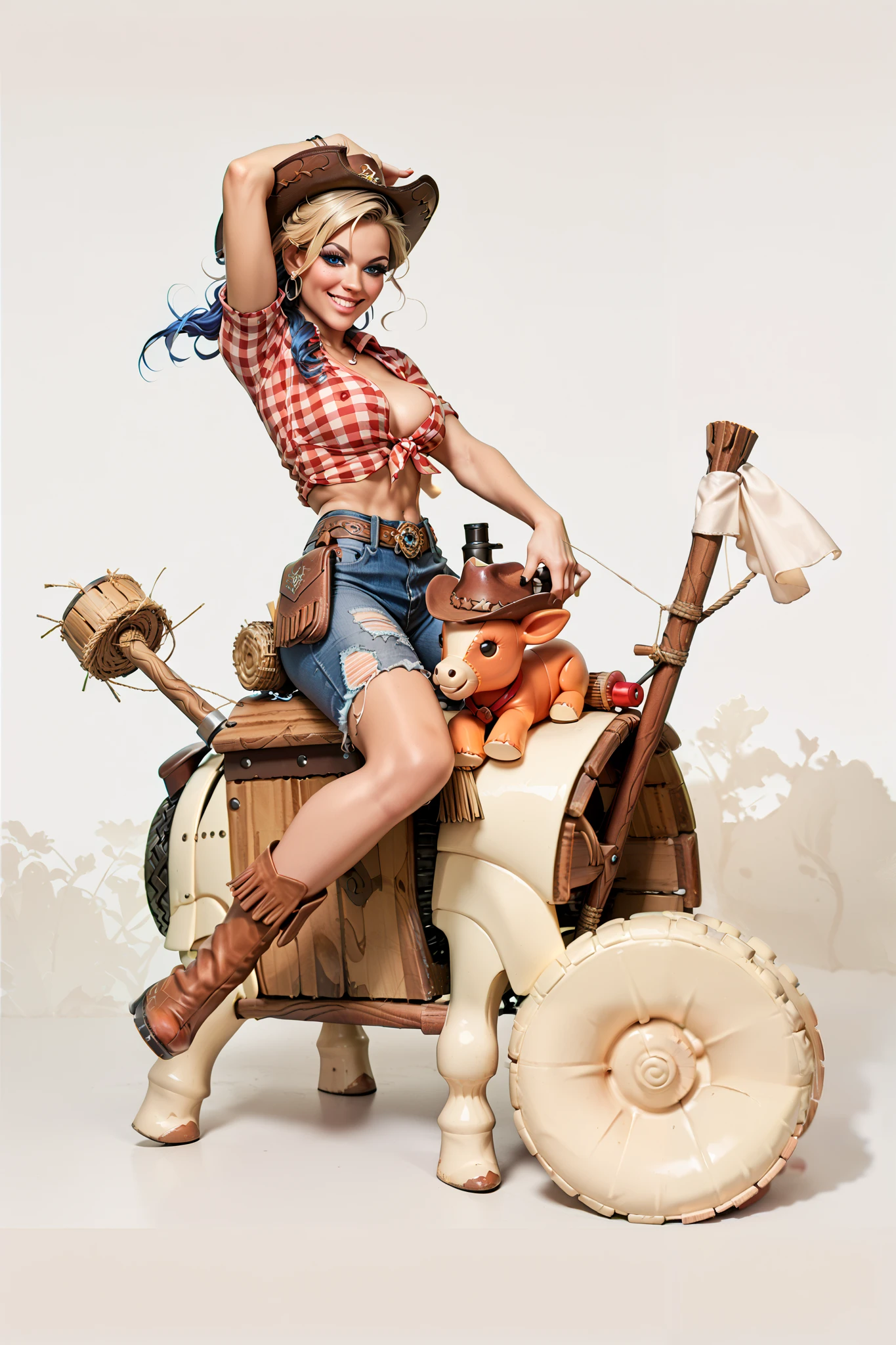 sexy american woman, raiding a wood toy, cowboy hat,