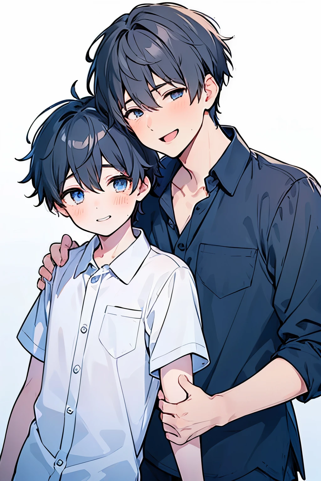 ((1-boy :1.5)),(( calm adult men:1.0)), black hair, tea hair, blue eyes, red eyes,((NSFW:0.65)),(2 men:1.0),(Yaoi:1.2),((hold each other's shoulders:1.25)),((A calm adult man who grabs his arm and pulls him in :1.0)),(looking viewer:1.0),Grinning face,(( flirtatious:0.8)),