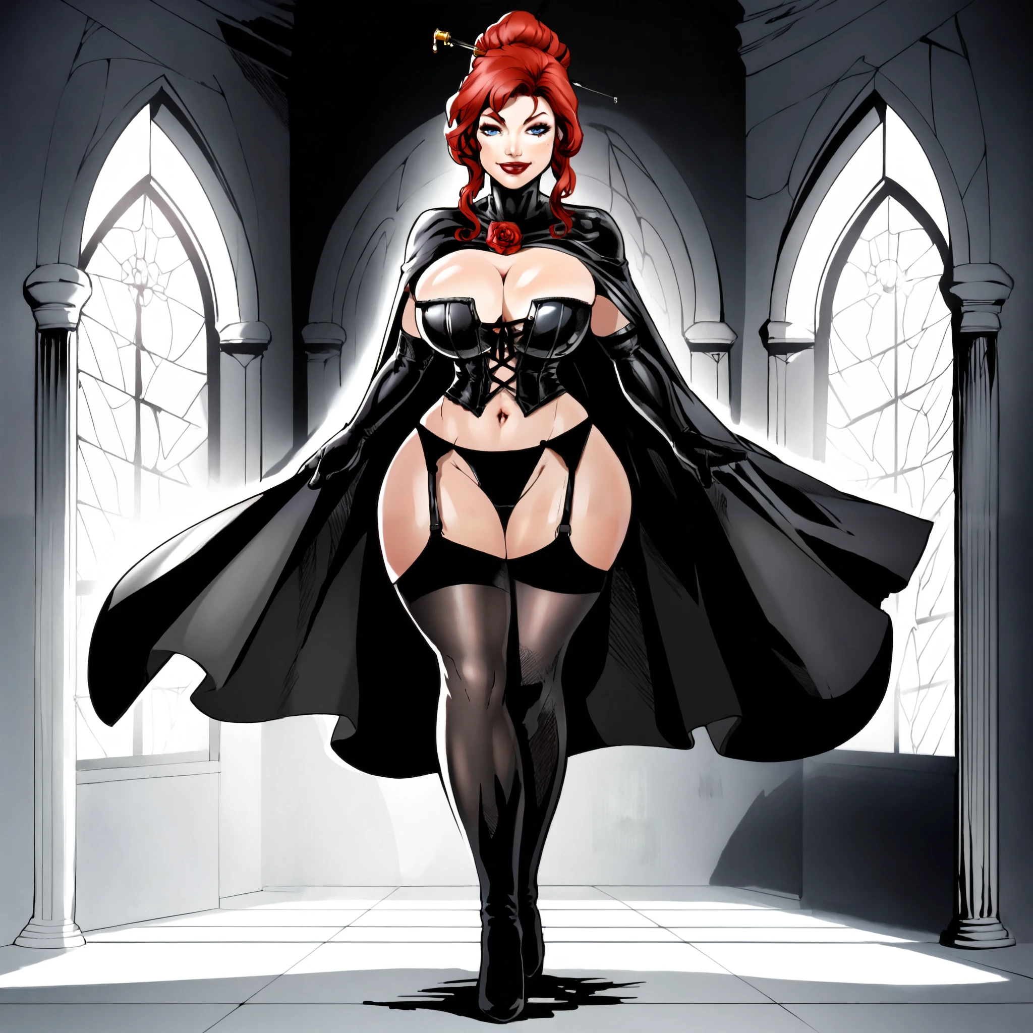 black Widow, full body view, Cabelo muito comprido, latex black corset leotard harness, botas de plataforma altas na coxa, long black latex gloves, cintura extremamente fina, grande hips, grande , Batom preto e maquiagem, Meias pretas, black trawler socks, latex cape