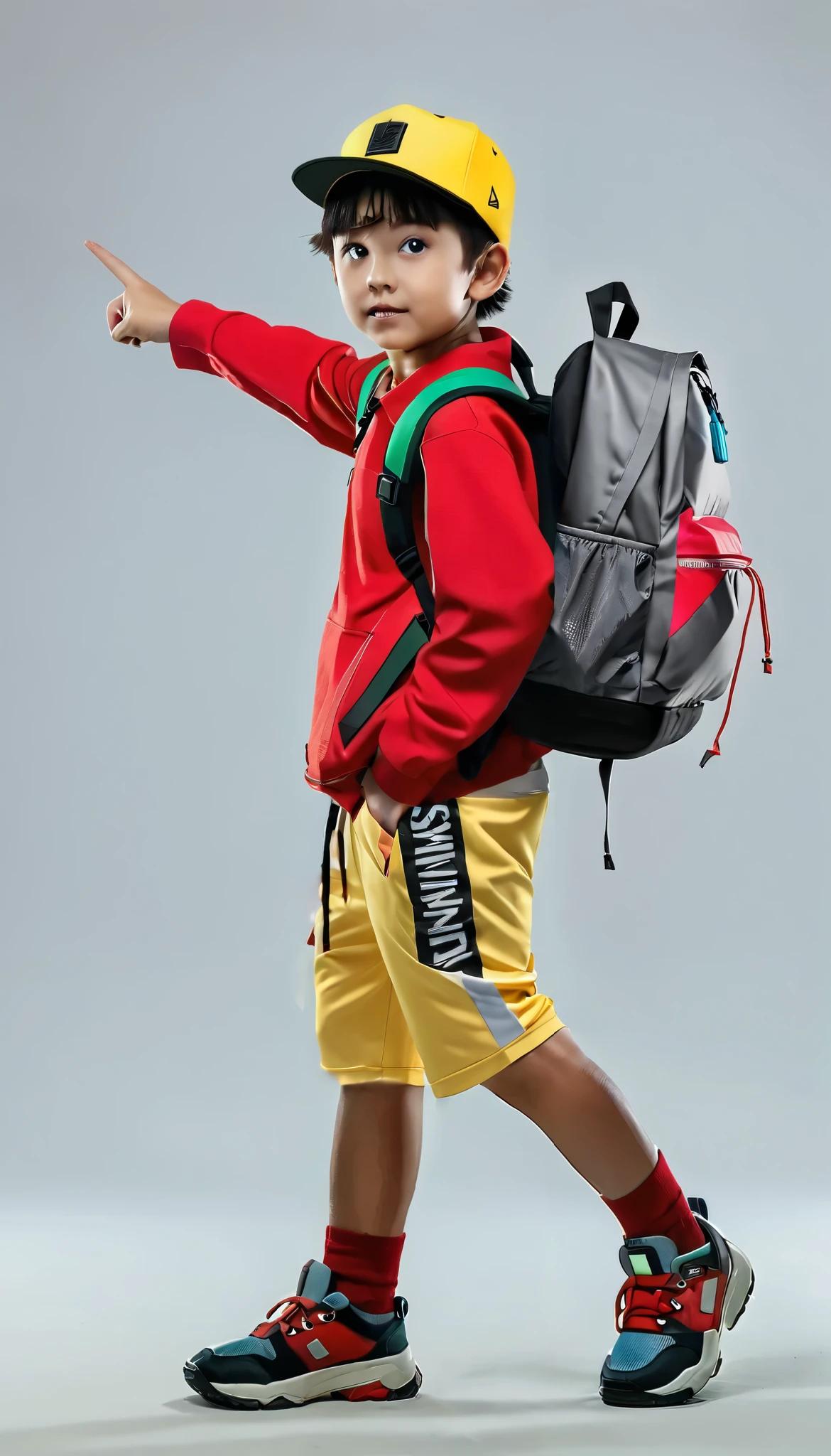 Cartoon of a boy wearing a red jacket, white underwear, blue eyes, gray pants, red and blue shoes