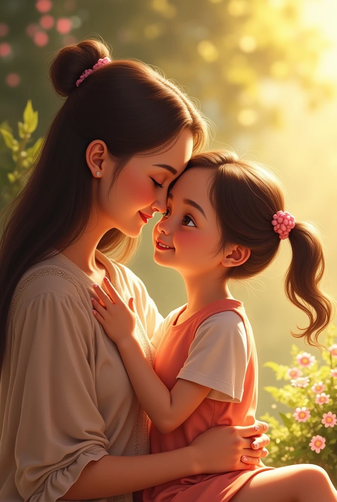 In the flowers,Mother and child face to face,Smiling at the camera,Disney style,Warmth