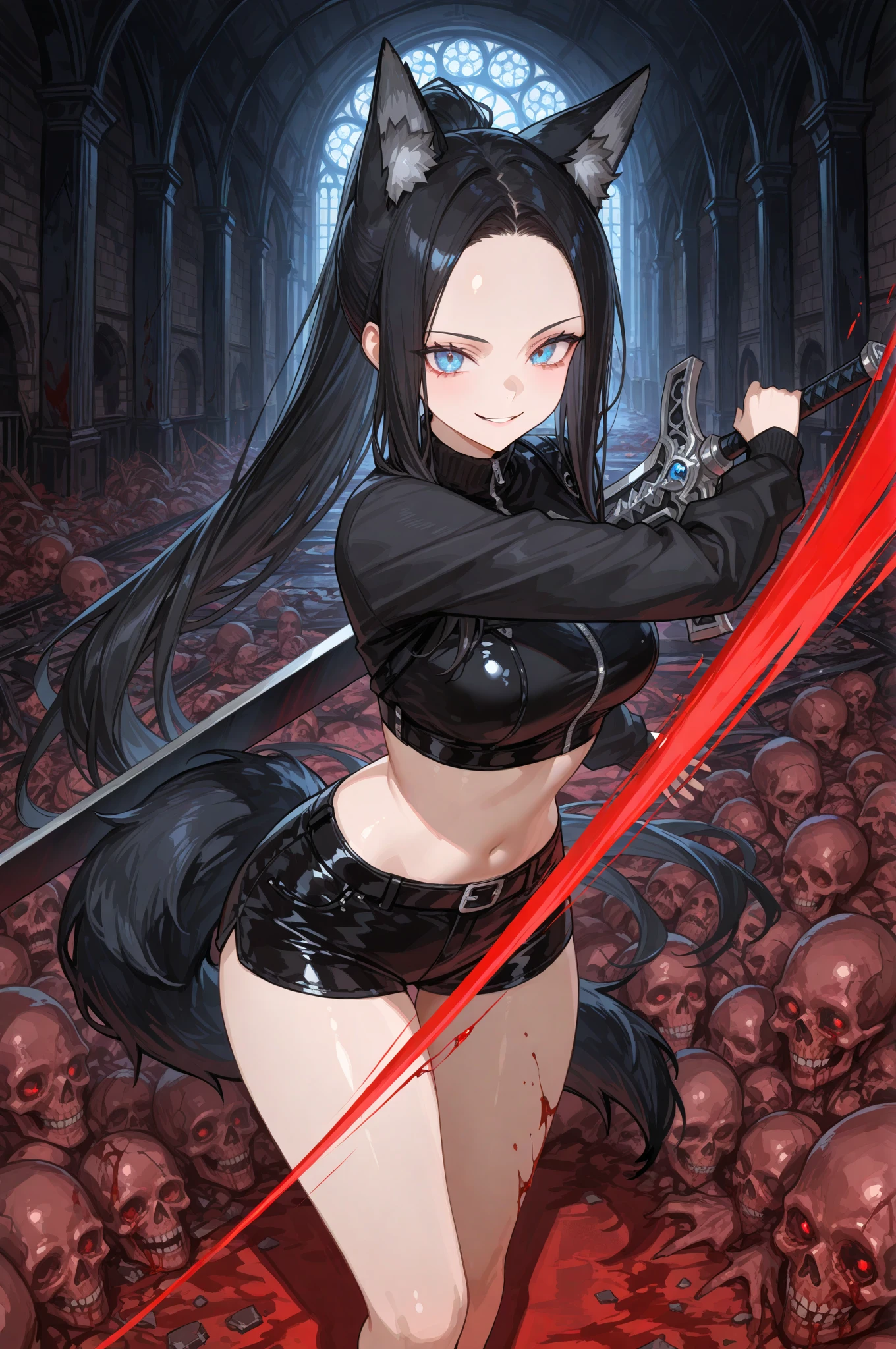 red hair, female, solo, smol, red eyes, massive breasts, oppai loli, very long hair, wear open cut black tight tank top and red leggings, holding a red sword, masterpiece, ultra high quality
