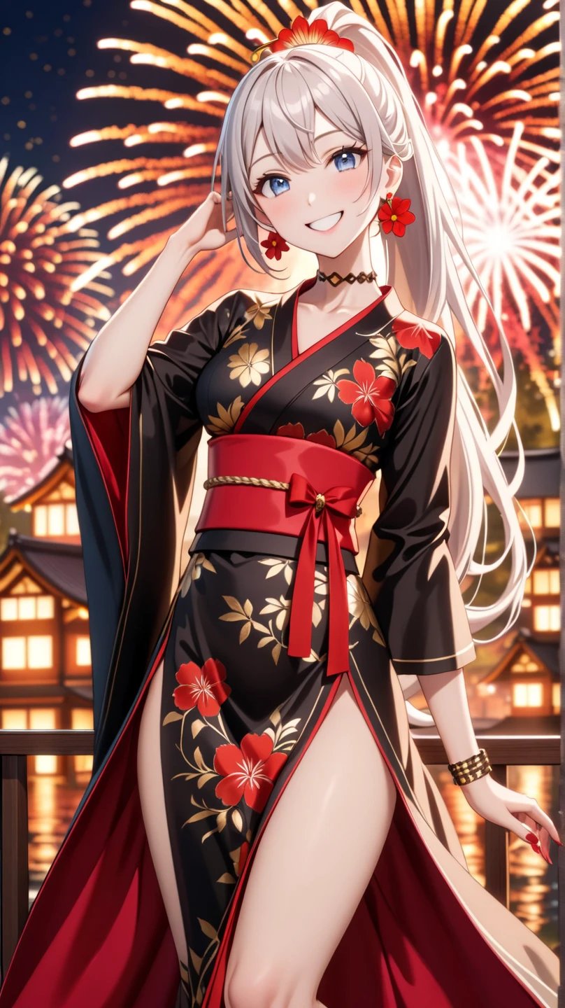 ((one personの女性)), Beautiful Face,((Wink:1.9)),((a woman making a cute hand sign. She is making a peace sign with one hand and covering one eye with it:1.8)),(Bright red cheeks:1.4),Laughing embarrassedly,Laughing with your mouth open,Glossy pink lips,Lighting on the face,night,night景と海が美しい公園,Colorful fireworks,((Anime style background)),masterpiece, highest quality, so beautiful, Latest, Complex details, (Pink long nails),(ring),(bracelet),(choker),AI-generated, Complex,High resolution, highest quality, super high quality,3D Images、View your viewers、3D Images,one person,Long white hair,High Ponytail,(blue eyes),Anime woman posing for a photo, ((Fine grain、Silvery white colorful eyes、Shining Eyes:1.3)),(Squint your eyes:1.1),a hyperRealistic , hyperRealistic , Realistic,Anime woman with long and white hair, Smooth anime CG art, A woman in a colorful kimono with gold embroidery, (Black kimono),Red floral pattern,Long flower hair ornament,Big earrings,Mature Body,(Big Breasts:1.1),Tall,Fine details,Abdominal muscles,Narrow waist,