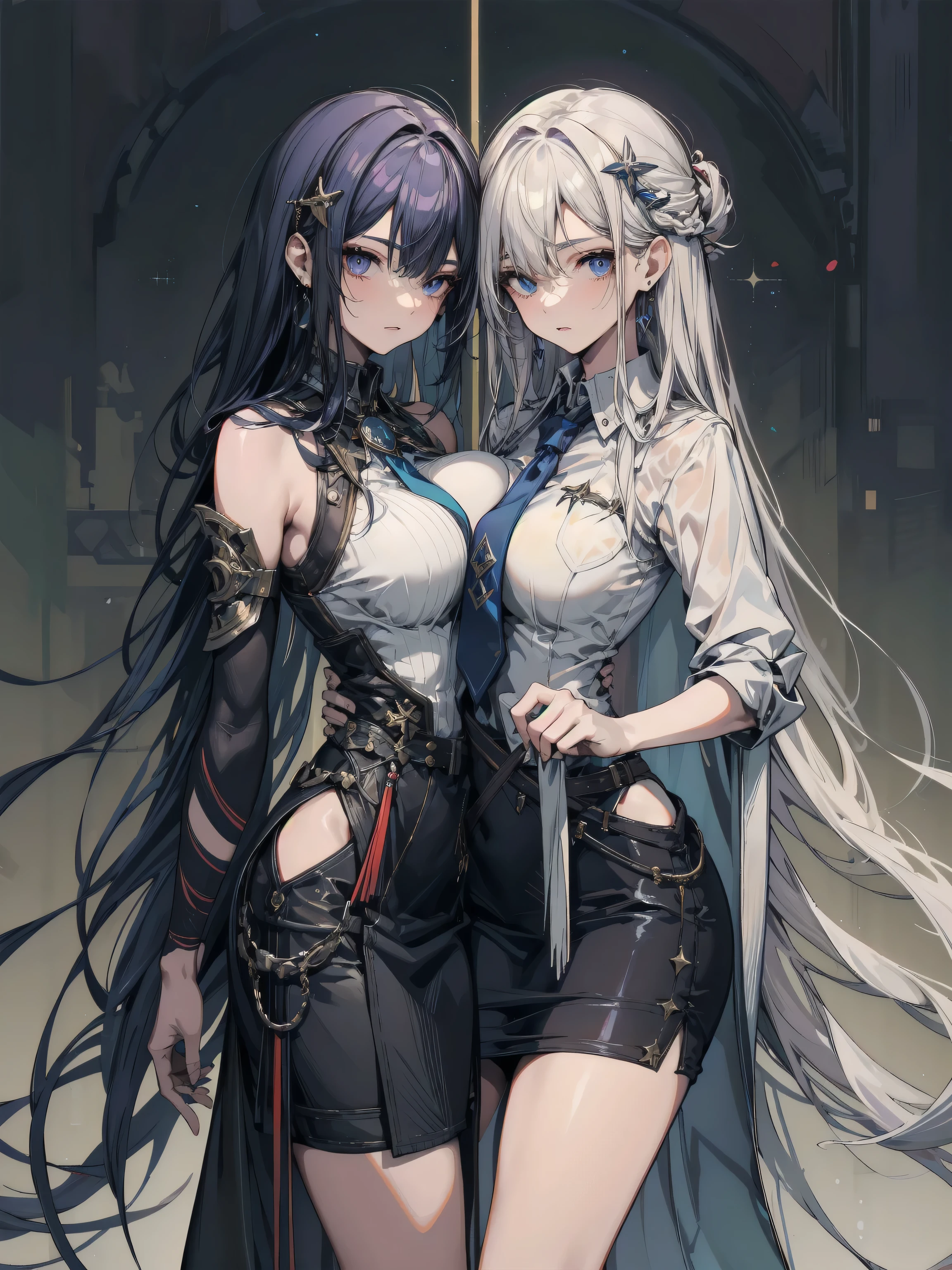 (((yuri))), (((2 girls))), ((evening dress, strapless)), absurdres, RAW photo, extremely delicate and beautiful, masterpiece, Best Quality, ultra high resolution, 32k, hyperrealistic, ultra-detailed, detailed description, perfect anatomy, pale skin, 20 years old, detailed beautiful face and eyes, tearful mole, earring, short medium hair, wavy hair, random colored hair, whole body shot, colossal tits,