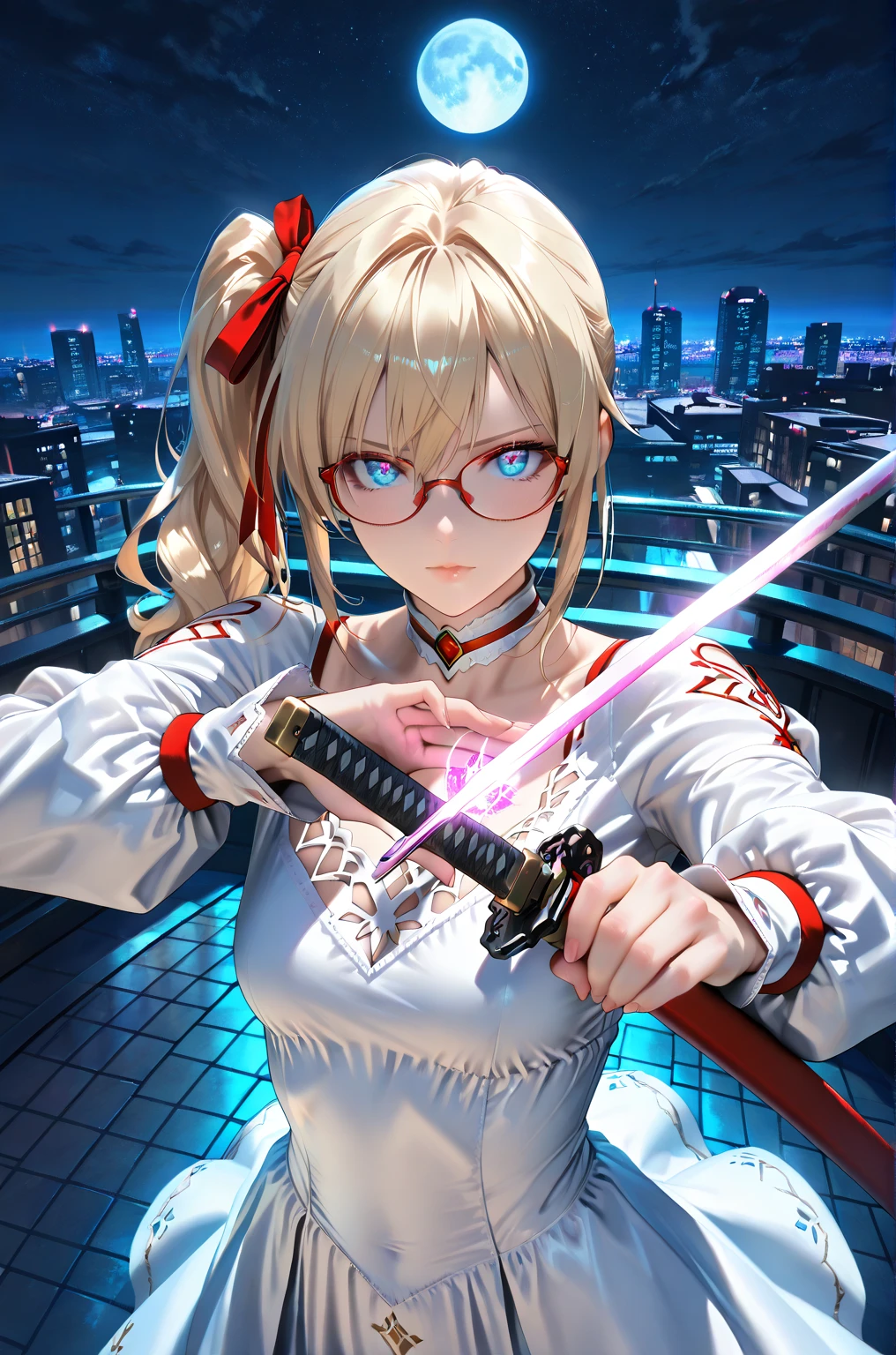 Looks about 20,(beautiful girl: 1.3),Highest quality,8k,Highly detailed CG unit wallpaper,masterpiece:1.2,top-quality,Ultra-high resolution,RAW Photos,real texture skin, photorealistic, Cinema Lighting,Huge buildings,metropolis,Big, round, beautifully shaped butt,),(Perfect hands, Perfect Anatomy), BREAK, (Medium Small breasts), Perfect Face, Symmetrical face, (glossy skin:1.6), beautiful shiny lips, solo, breack, ((Beautifully hand-drawn)), ((light Blonde)), ((white dress, long sleeves, thigh boots, toeless footwear)), ((Swaying side ponytail)), short wavy hair, hair ribbon, ((Blue Eyes)), Glowing_eye, (((eyes open))), closed mouth, (((({red slim glasses})))), BREAK, (Holding a weapon in hand, gripping short katana, aiming a gripping short katana at side from front), upper body, ((from above)), midnight sky, bayside red big bridge, fullmoon, choker, eye focus,