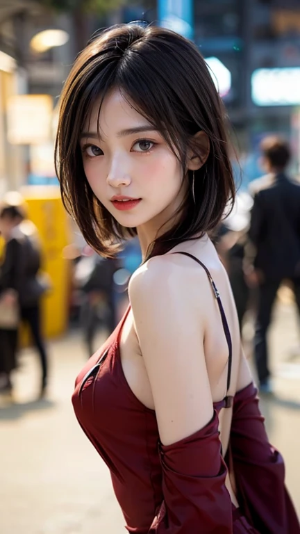 (RAW photo: 1.2), top quality, beautiful detailed girl, smile, short hair, blonde, red swimsuit, highly detailed eyes and face, beautiful detailed eyes, huge file size, high resolution, 8k wallpaper, fine detail, highly detailed ticker uniform 8k wallpaper, light on face, movie lighting, 18 year old girl, sexy pose, (photorealism: 1.4), illustration, Super Detail