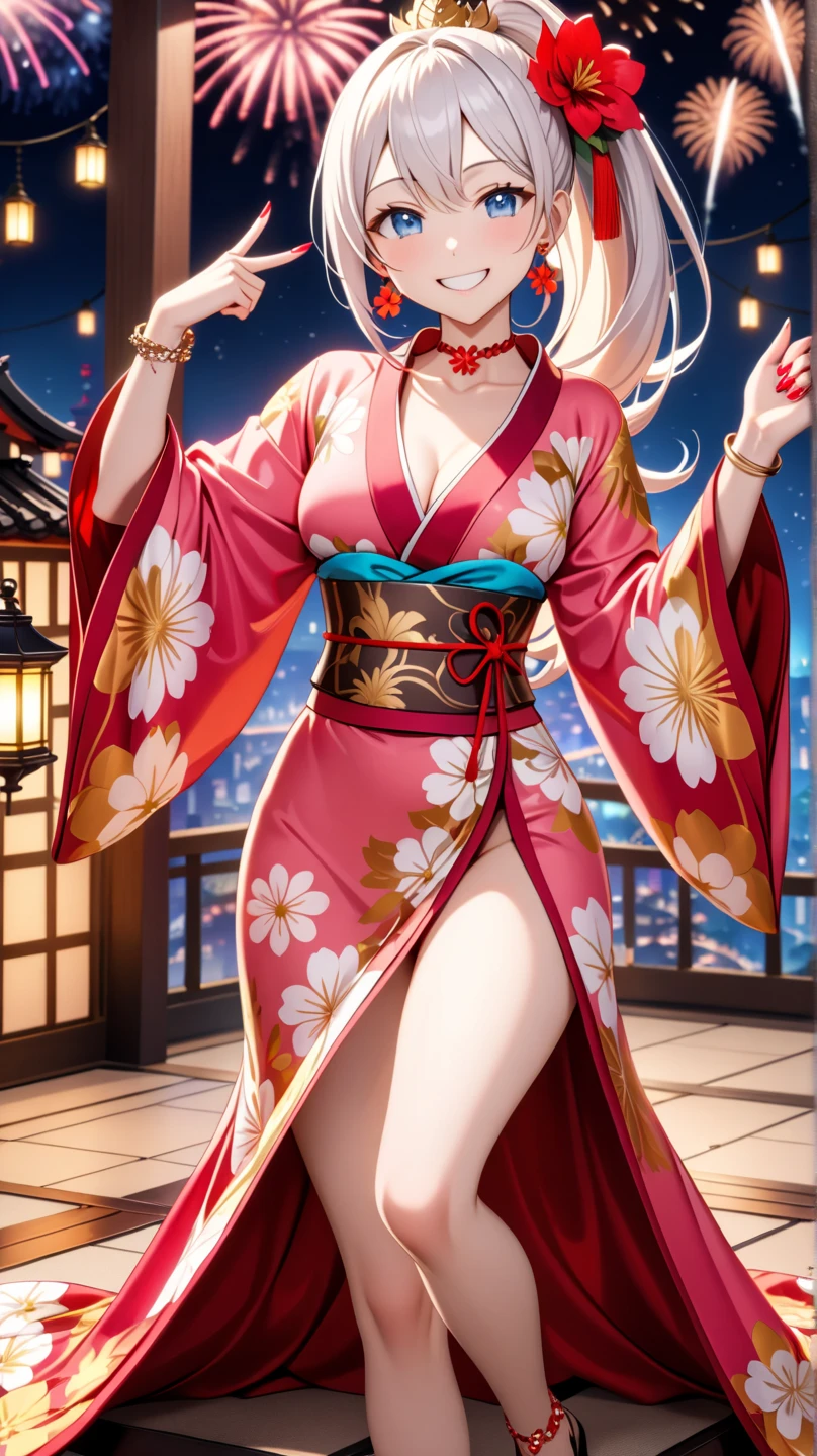 florence_alicia, ????????????, standing, solo, kimono, masterpiece, best quality, detailed face, detailed eye,best, 1girl, mature_lady, , long hair, , full body shot ,off the shoulder, cleavage,big ??????:1.5,body facing front,eyes on viewer,leaning on front, thigh-high kimono, standing straight , straight hair,face straight,night sky