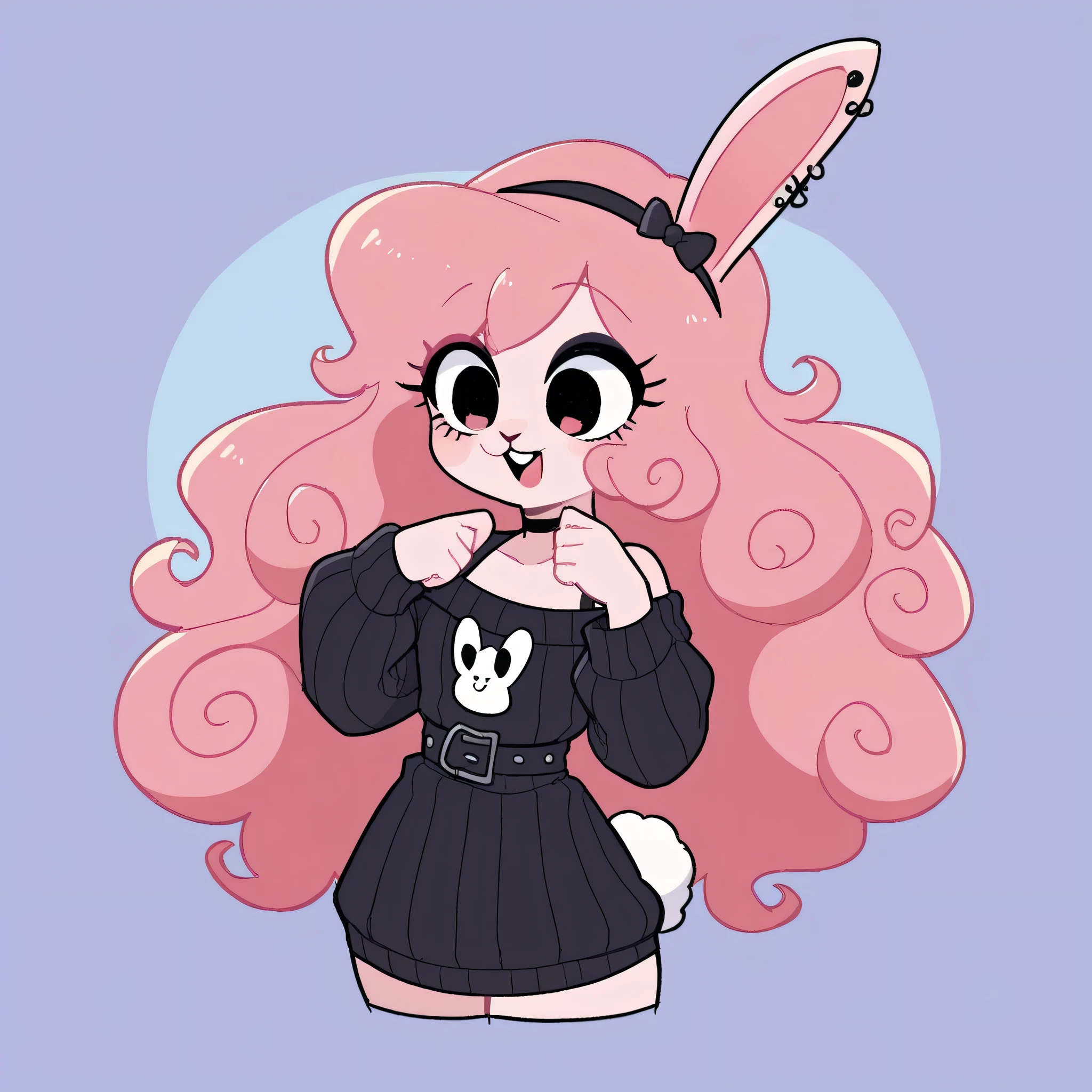 better quality, very detailed illustration , , ( Anthropomorphic furry rabbit:1,7), ruffled voluminous bouncy hair , rabbit ears, playful look, delgado, ideal body, thin waist , wide hips, simple drawing, Artifyber style , pastel flat colors , beautiful, cartoon ,solo, long curly pink hair, off the shoulder dress sweater, goth outfit, cute pose