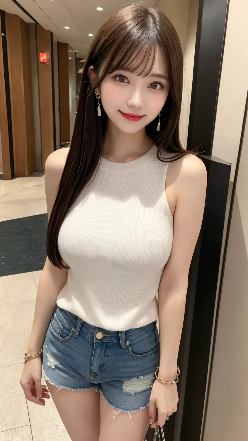 A girl of about 40 years old,simplicity,Extremely beautiful and delicate,(light make-up),Black color hair,A sweet smile,Delicate and beautiful fair skin,Realistic and realistic,exquisite and complete facial features,Detailed depiction of the face,tall nose bridge,Red lips,Beautiful, gentle and beautiful girl,Smooth hair,extremely detail hair,Feminine temperament,Fill your face light,hyper realisitc,photorealestic,8K quality,extremy detailed,Realistic details,Works of masters,Realistic to the extreme,big breasts body,Beautiful,Pure desire,Stunning beauty,Peerless beauty,Highest image quality,8K分辨率,goddes,ssmile,Fine facial features,Hair over the shoulder,A brown-haired,Large long thick legs,(((High-waisted French top))),(((short skirt))),rays of sunshine,facing at camera,The body is well-proportioned and firm,Gentle eyes,Exposing thighs,stand posture,Stand inside the mall,Full body photo