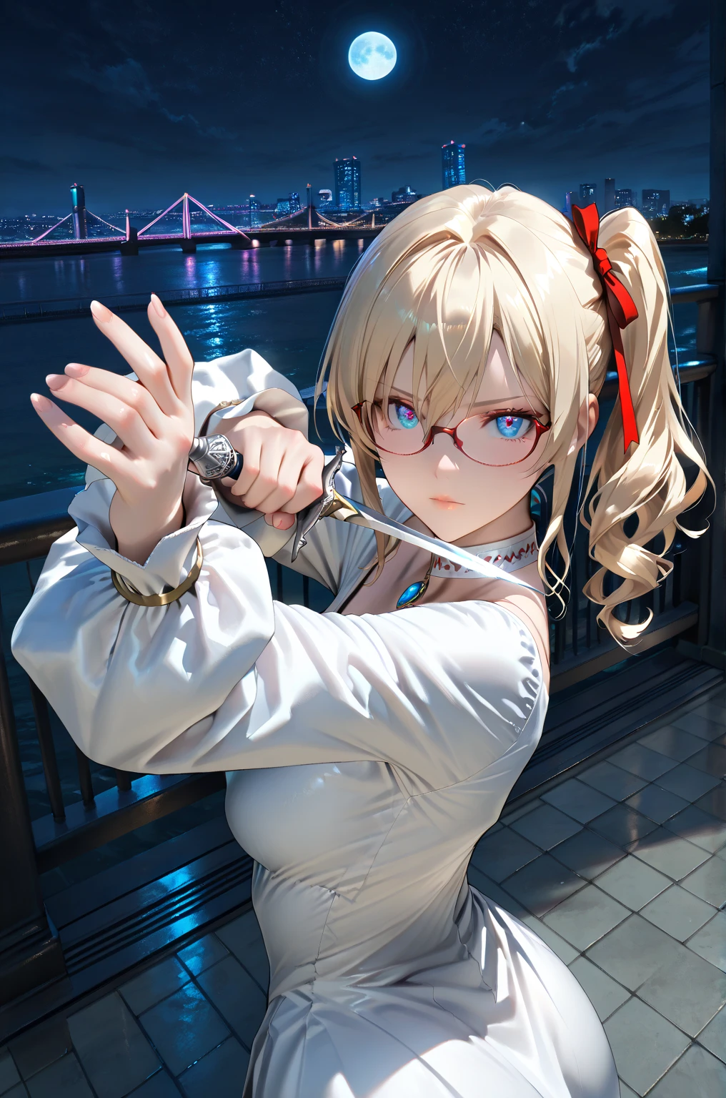 Looks about 20,(beautiful girl: 1.3),Highest quality,8k,Highly detailed CG unit wallpaper,masterpiece:1.2,top-quality,Ultra-high resolution,RAW Photos,real texture skin, photorealistic, Cinema Lighting,Huge buildings,metropolis,Big, round, beautifully shaped butt,),(Perfect hands, Perfect Anatomy), BREAK, (Medium Small breasts), Perfect Face, Symmetrical face, (glossy skin:1.6), beautiful shiny lips, solo, breack, ((Beautifully hand-drawn)), ((light Blonde)), ((white dress, long sleeves, thigh boots, toeless footwear)), ((Swaying side ponytail)), short wavy hair, hair ribbon, ((Blue Eyes)), Glowing_eye, (((eyes open))), closed mouth, (((({red slim glasses})))), BREAK, (Holding a weapon in hand, gripping silver dagger, aiming a gripping silver dagger, at side from front), upper body, ((from above)), midnight sky, bayside red big bridge, fullmoon, choker, eye focus,