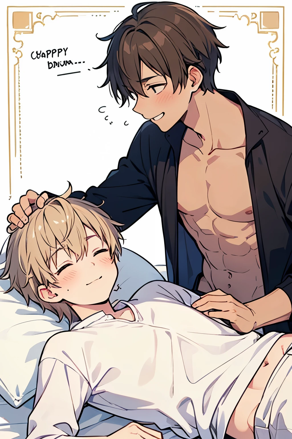 ((gay couple:0.8)),smile,Short Hair,(( Delicate and Sophisticated Hands and Fingers:1.0)), Another World Fantasy , Knights and Magicians , happy expression,Going to bed,((sleeping face:0.8)),(Stroking my hair:1.0),Prairie with a fresh breeze,((brown skin body:1.3)),