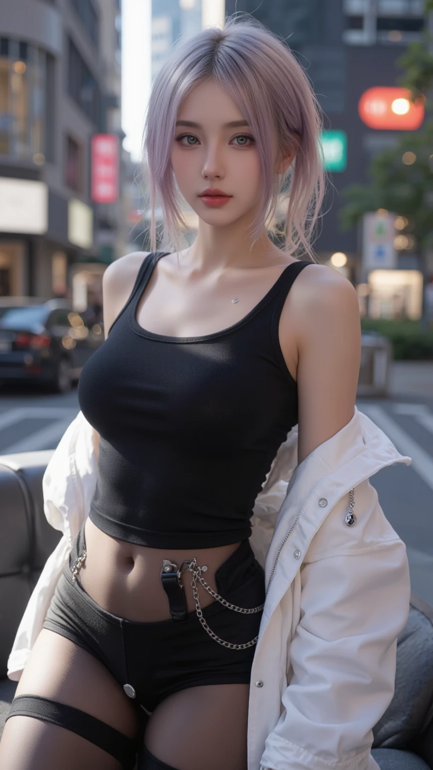 sfw, (absurdres, 8k, 4k, masterpiece, hyper extreme detailed:1.2), solo, 1girl, front view, perfect face, 1girl, portrait, expressive eyes, looking at viewer, solo, standing, mature female, pale, adult, looking forward, front view, confident, wind, windy, moving hair, front view, mature body, tomboy, adult, Newsboy Cap, long pink hair, black shorts, yellow belt, waist jacket, dark blue, medium bust, black wrist cuffs, black pupils, dark pink irises, hair down to back, egotistical, powerful, strong, proud, arrogant, ripped clothes, blue newsboy cap, right hand on hip, streetwear, fashionable, crazy face, crazy eyes, crazy smile, right bangs, necklace, bound, bondage, (arms behind back:1.4), bdsm, tape gag, tape, tape bondage, close-up, restrained, best anatomy, full body, tape wrapped, wrap gag, bondage, sitting down, wearing bra,((skinny waist)), young asian girl, ((big breasted)),