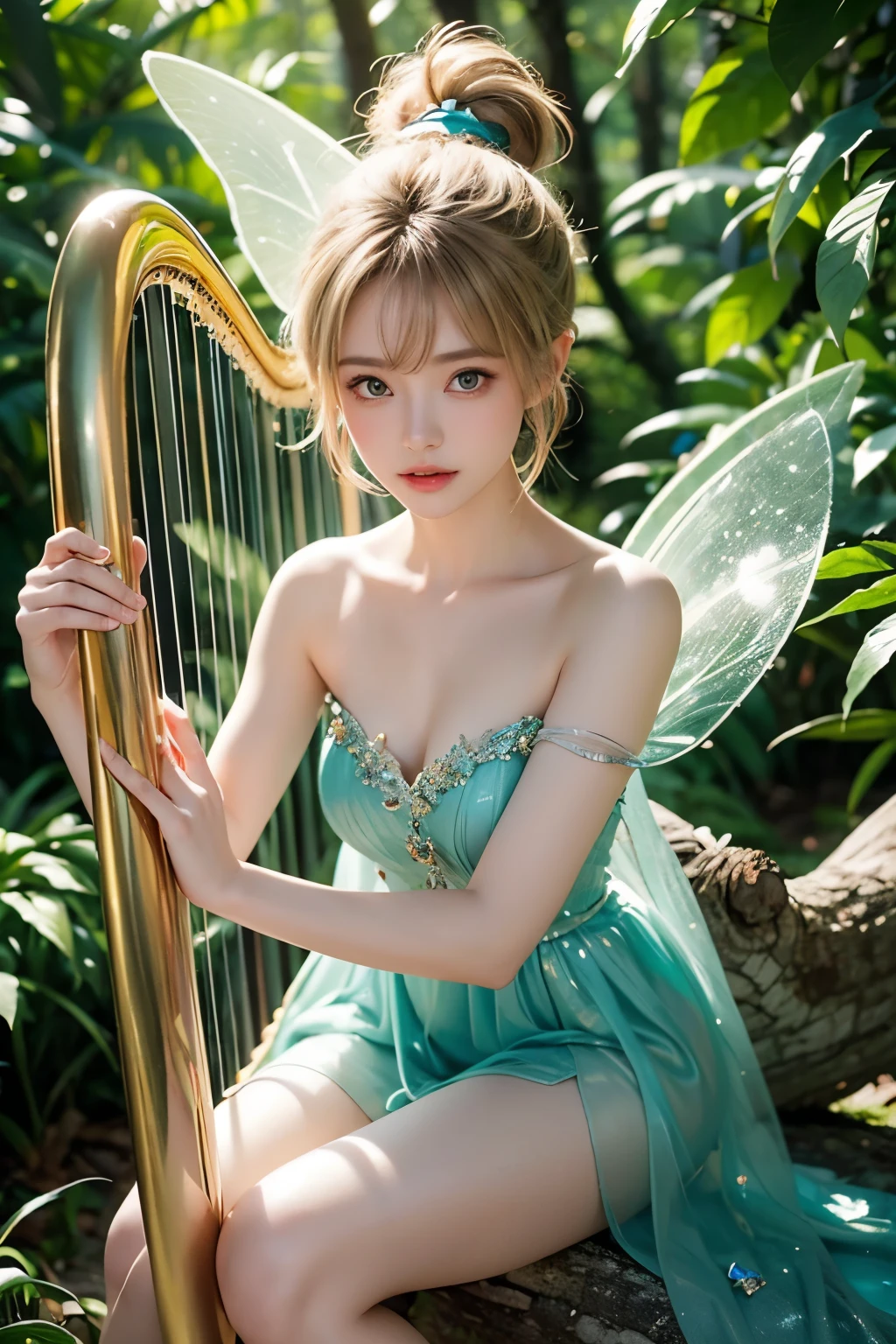 a fairy like a tinker bell 、The height is very small, about the size of our palm、 fairy wings shine like crystals、 gentle sunlight pouring in from above 、The hair color is blond ponytail、Eye color is jade color 、Sit on the leaves of a tree in a large forest、Playing a harp