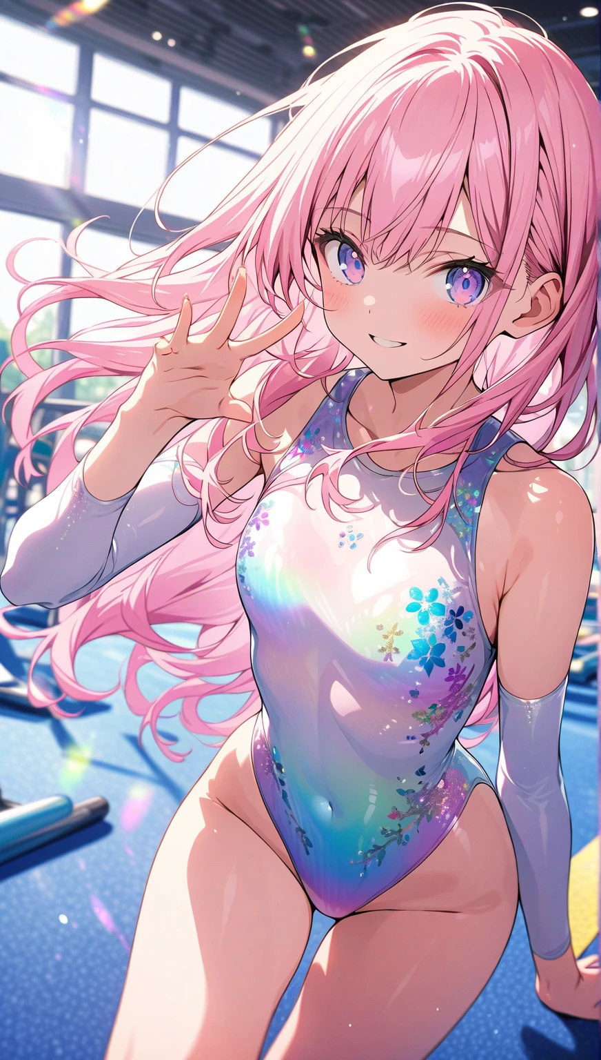 highquality illustration, masterpiece, very delicate and beautiful, attractive girl,(gymnastics leotard, Floral patterns leotard,long sleeve leotard with glittery decoration,high_leg leotard,athletic leotard,tight-fit leotard,iridescent gradient leotard,long-sleeve leotard),thin,slender body,slim,high school,gymnasium background,gymnastics club,gymnastics athlete,princess, beautiful eyes,light smile,(masterpiece, best quality:1.2), highres, extremely detailed CG unity 8k wallpaper, perfect lighting, Colourful, ultra-high res,4K,ultra-detailed, photography, 8K, HDR, 17 ages, full body,