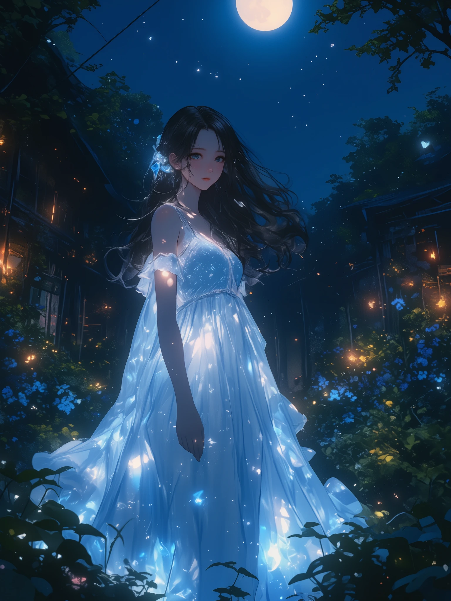 Anime girl in a blue dress standing in a garden at night - SeaArt AI