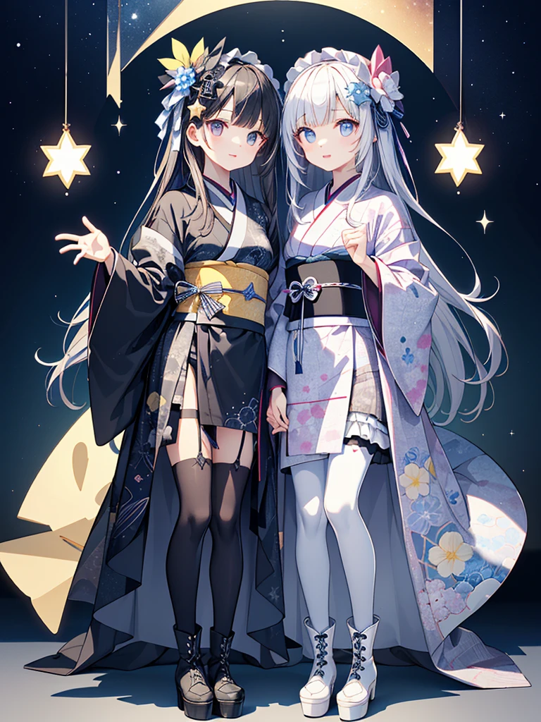 Star Fairy、(Masterpiece、Highest quality、Official Art、Super detailed)、Dynamic composition、Perfect Anatomy、One person sitting on the crescent moon、「Beautifully printed galaxy patterned kimono and gothic costume、Space patterned frill box pleat mini skirt、Frontal portrait、Knee-high boots、Captivating eyes、Perfect and amazing face、Exquisite details、Clear images、Highest quality。」Milky white and light blue gradient long straight hair、