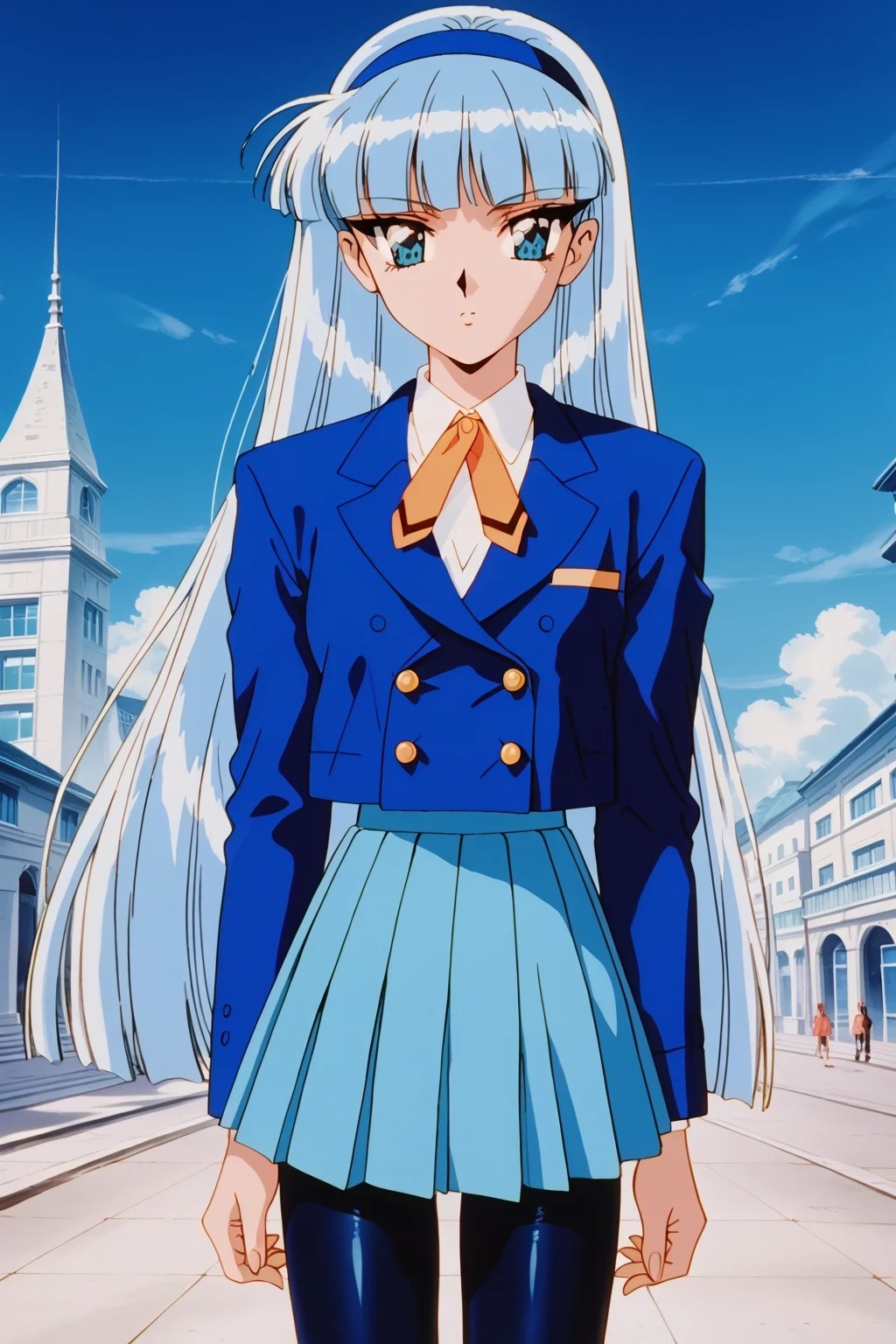 score_9,score_8_up,score_7_up,score_6_up,score_5_up,score_4_up,source_anime,(solo:1.5), masterpiece,highest quality,Super detailed,8k,High resolution,an extremely delicate and beautiful,Official Art,Perfect Anatomy,1990s \(style\),90s anime,90s anime style,retro artstyle,Cel-shaded anime,anime screencap,anime coloring,perfect face,beautiful,sexy,athletic body,shiny skin,(scale to fit the dimensions:1.2), AEUmiDef, blue eyes, blue hair, blunt bangs, long hair, blue hairband, school uniform, blazer, blue jacket, long sleeves, collared shirt, orange ribbon, white shirt, blue skirt, pleated skirt, black pantyhose, blue footwear, boots,
