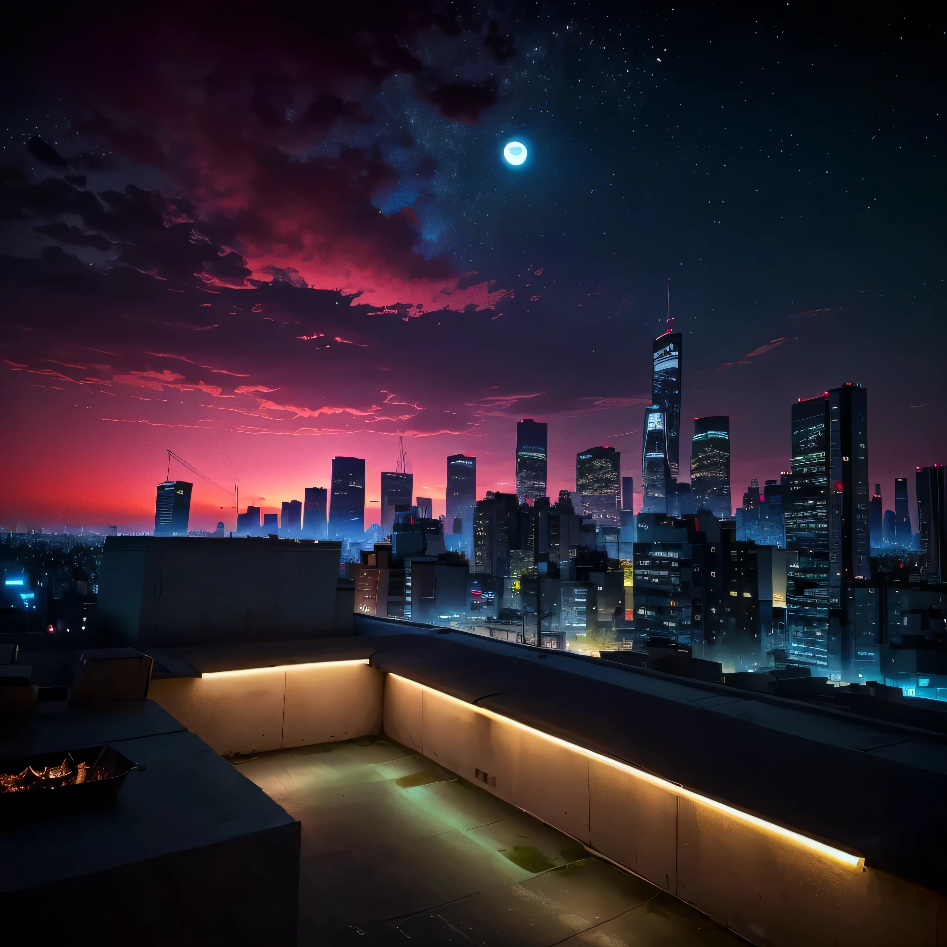 Nighttime view of a city skyline with a bright moon in the sky - SeaArt AI
