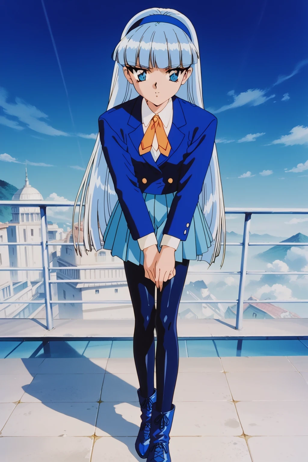 score_9,score_8_up,score_7_up,score_6_up,score_5_up,score_4_up,source_anime,(solo:1.5), masterpiece,highest quality,Super detailed,8k,High resolution,an extremely delicate and beautiful,Official Art,Perfect Anatomy,1990s \(style\),90s anime,90s anime style,retro artstyle,Cel-shaded anime,anime screencap,anime coloring,perfect face,beautiful,sexy,athletic body,shiny skin,(scale to fit the dimensions:1.2), AEUmiDef, blue eyes, blue hair, blunt bangs, long hair, blue hairband, school uniform, blazer, blue jacket, long sleeves, collared shirt, orange ribbon, white shirt, blue skirt, pleated skirt, black pantyhose, blue footwear, boots,