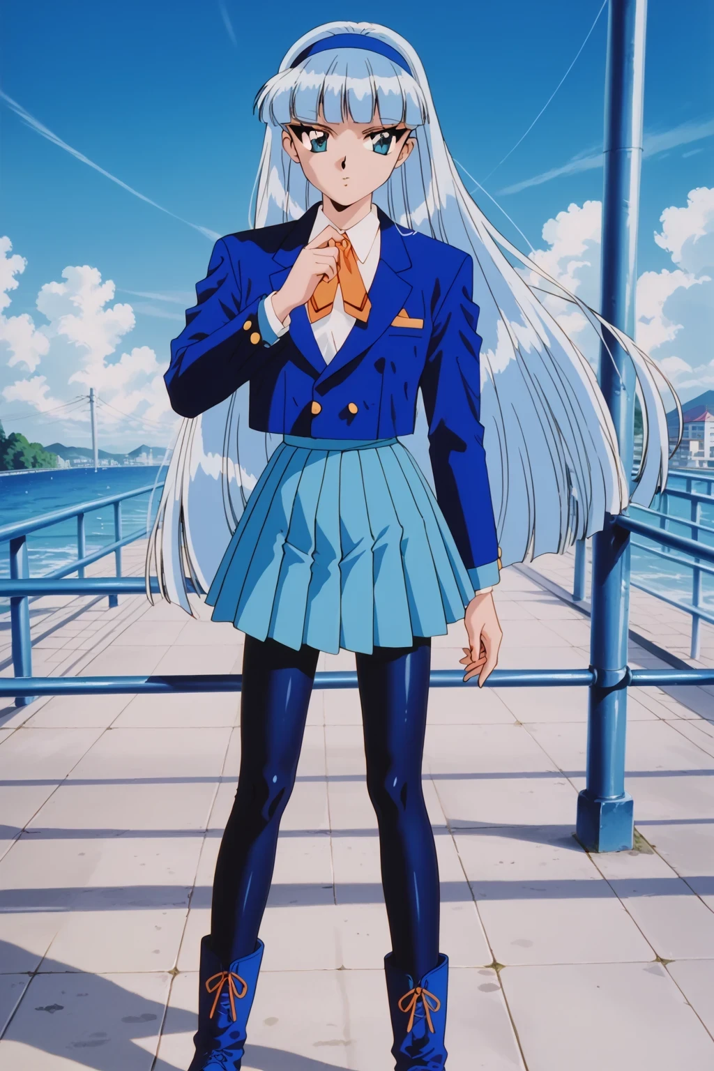 score_9,score_8_up,score_7_up,score_6_up,score_5_up,score_4_up,source_anime,(solo:1.5), masterpiece,highest quality,Super detailed,8k,High resolution,an extremely delicate and beautiful,Official Art,Perfect Anatomy,1990s \(style\),90s anime,90s anime style,retro artstyle,Cel-shaded anime,anime screencap,anime coloring,perfect face,beautiful,sexy,athletic body,shiny skin,(scale to fit the dimensions:1.2), AEUmiDef, blue eyes, blue hair, blunt bangs, long hair, blue hairband, school uniform, blazer, blue jacket, long sleeves, collared shirt, orange ribbon, white shirt, blue skirt, pleated skirt, black pantyhose, blue footwear, boots,