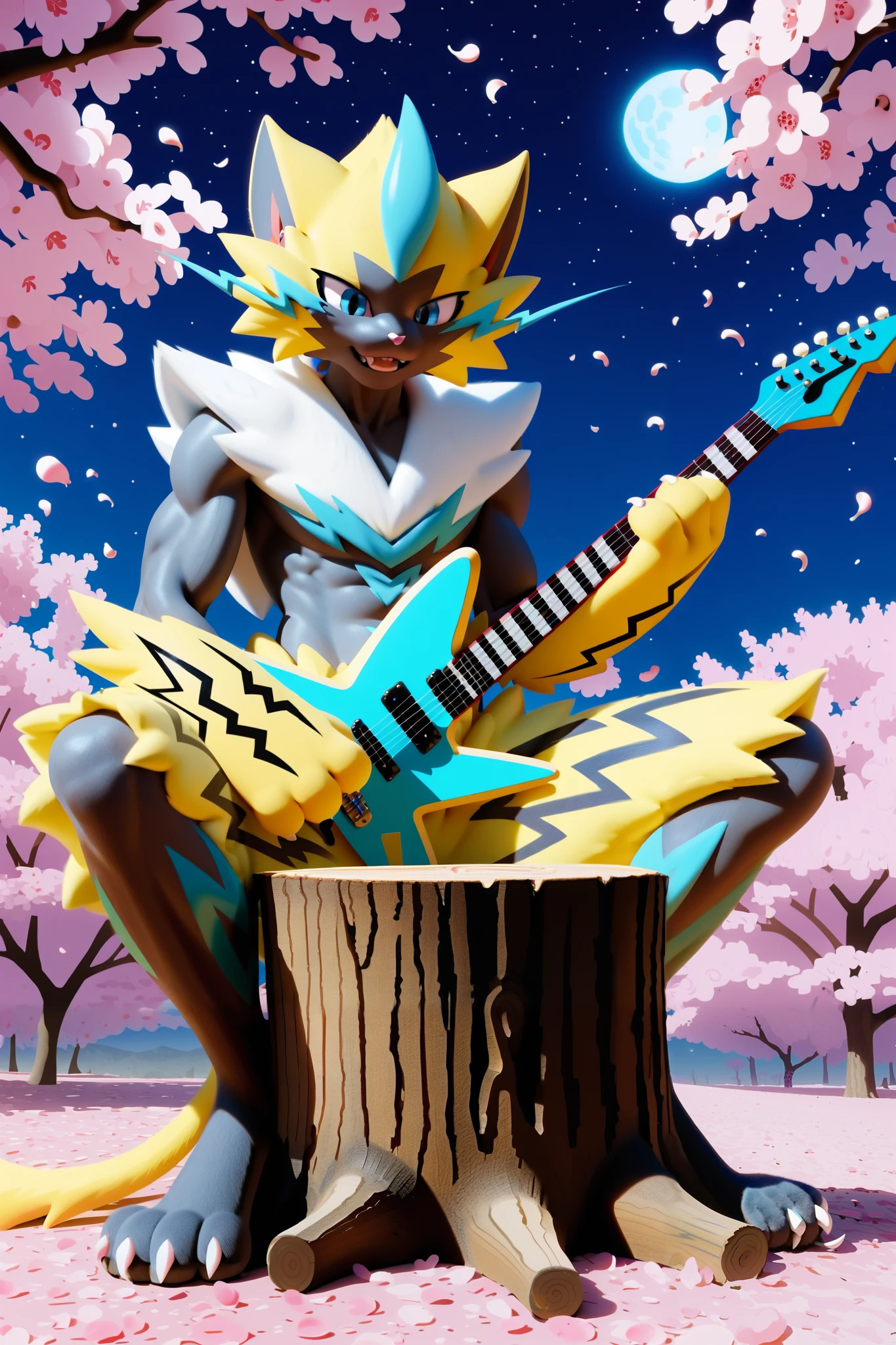 ultra detailed, extremely detailed CG, best quality, intricate, 8K, crisp quality, detaled fingers, detaled face, detaled hands, detaled body, detaled tail, detaled background,
BRAKE
a portrait with sharp focus and crisp quality, highlighting the subject’s facial features,
BRAKE
(realistic background:1.5), a landscape with vibrant colors and rich contrast, capturing the beauty of a midnight, rural landscape, Japan, Cherry blossoms at starry night, bonflre, Bonfire light outside focus cinematic, moon
BRAKE
furry, anthro, (fur, Zeraora:1.5), male, 20years old, Japanese, whole body,
BRAKE
(sit on a stump, playing the electric guitar, Blue electric guitar:1.5), muscular, solo
BRAKE
(realistic:1.5), real world,