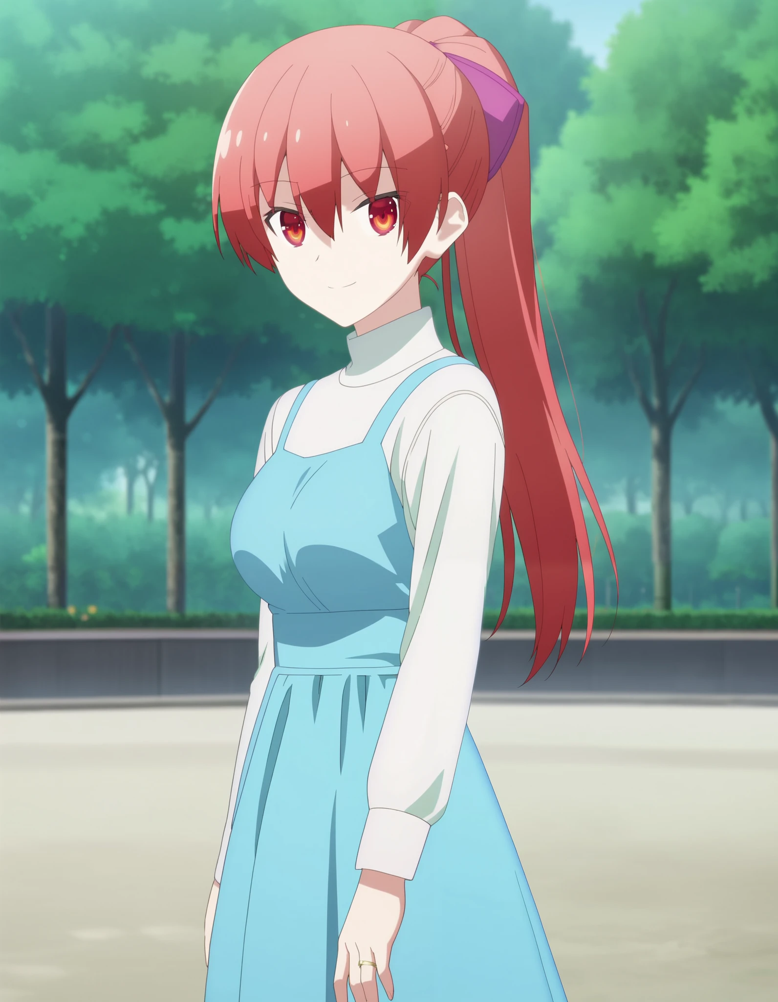 score_9, score_8_up, score_7_up, source_anime, rating_safe, , anime screencap, anime coloring, depth of field, 1girl, solo, tsukasa_yuzaki, red hair, red eyes, 1girl, blue dress, blurry, blurry background, blurry foreground, breasts, depth of field, dress, flower, hair between eyes, hair ribbon, jewelry, long dress, long hair, medium breast, long sleeves, looking at viewer, outdoors, ponytail, ribbon, ring, shadow, sidelocks, smile, solo, tree, wedding ring