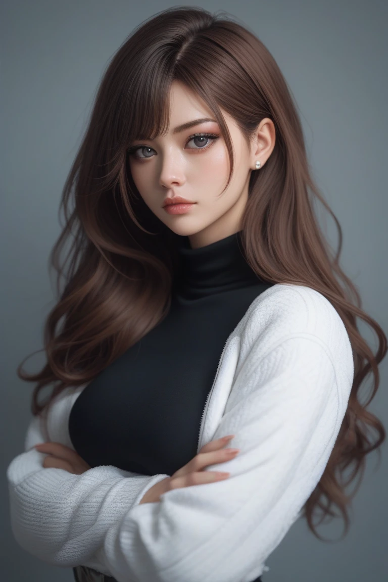 woman, Large breasts, facingviewer,fcPortrait, Cropped sweater, midriff, Sweater, 1girll, Detailed face, Suspended driveway, illustrated