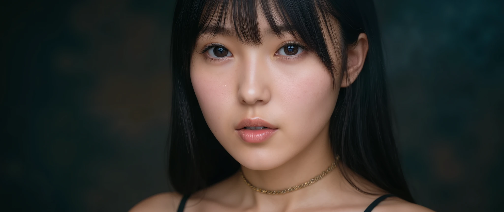 PA7_sdxl-Photo, PA7_xl-Portrait-ECU,  detailxl,  CSPNY1, d0f _v2, barnum-melancholy black hair, long hair,  full lips,  dark makeup  ,  eyeliner ,  brown eyes , gold necklaces,  round face,  dog collar ,  smiling with her eyes , smile, Teeth, Expression admired , looking a view, anatomical asymmetry,  adolescent appearance, seductive look, looking,  young Japanese, , 6 women in the picture,  Japanese women 

