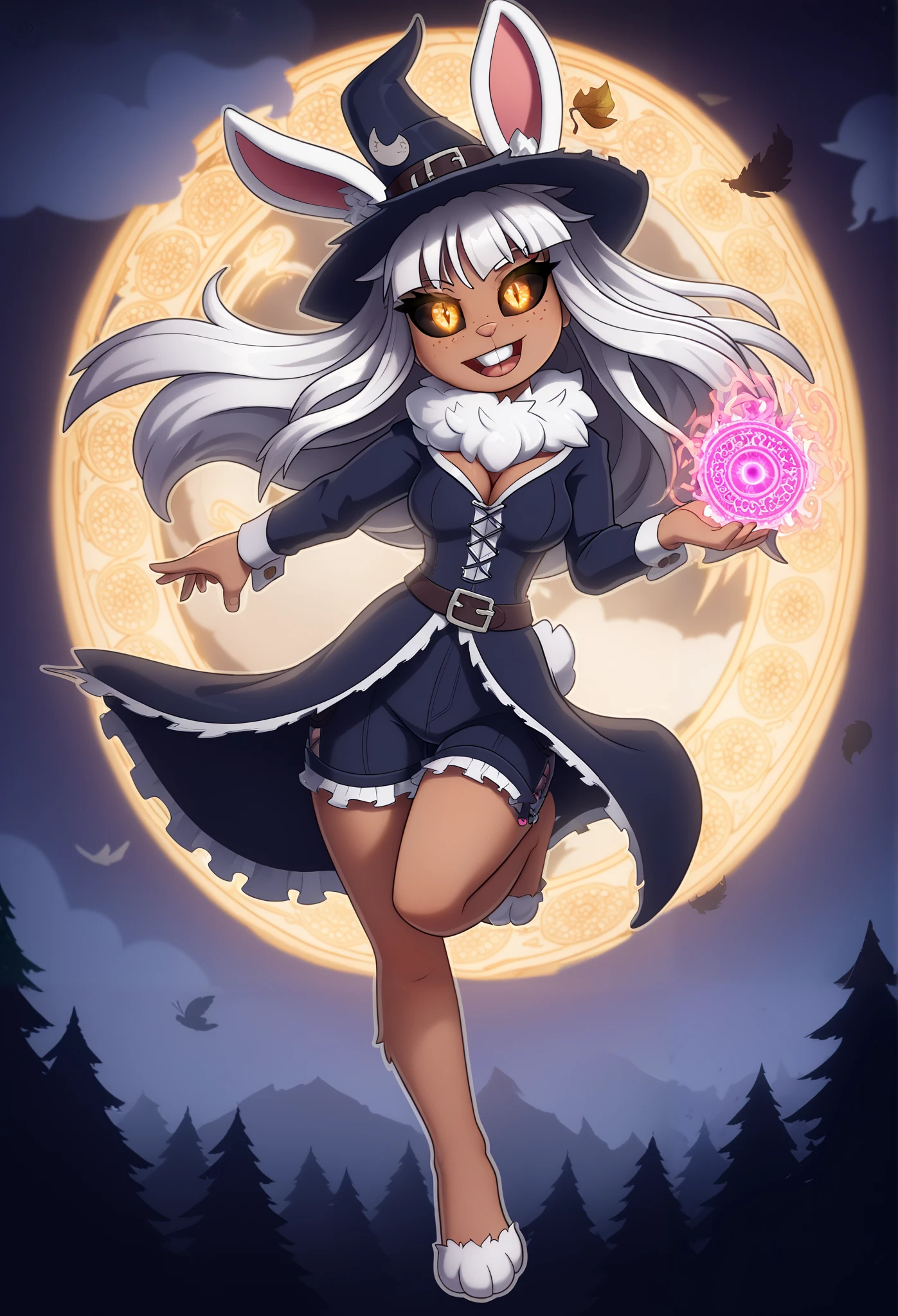 young woman, brown skin, chocolate brown skin, bunny features, bunny ears, floppy ears, white hair, orange eyes, black sclera, mysterious eyes, witches hat, frilled witches hat, witch attire, detailed attire, long sleeves, robe dress, black shorts, ancient spell-book, holding spell-book, summoning magic, green magic, leafy magic, glowing magic, magic spell, short fluffy tail, fluffy bunny tail, long bunny ears, mystical vibe, enchanting look, mysterious atmosphere, fantasy setting, magical aura, slit eyes, detailed face, extremely detailed eyes, masterpiece, 4k, 8k, high-res, ultra-detailed, physically-based rendering, vivid colors, studio lighting cinematic lighting, dramatic lighting, fantasy, dramatic composition, dynamic pose, volumetric lighting, cleavage, great hips, C-cups, Cute breasts, shapely figure, fur collar, cloud-like fur around neck, wrapped fur around neck, snug fit, soft fur, white fluffy fur, bunny ears, long bunny ears, white bunny ears, fluffy tail, white tail, rabbit ears, cute bunny tooth, glowing runes, ethereal runes, rune-covered body, magical leaves, floating leaves, magical aura, enchanted markings, nature magic, intricate details, glowing magical energy, Ethereal runes, Playful expression, cute smile, glowing eyes, freckles, mystical forest, breathtaking scenery, Full body