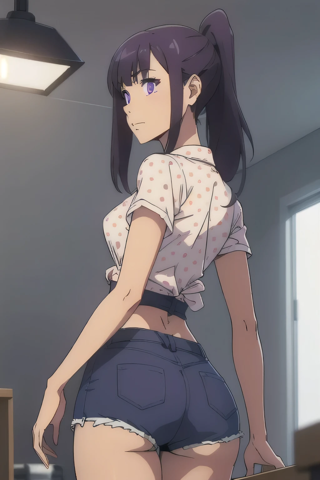 1 girl in, 18, photo of Sung Jinha, Solo Levelling Waifu, photo of perfect woman, Solo, Aesthetic artwork, (long hair, straight purple hair, long ponytail, dark purple hair, bangs: 1.25), (violet eyes, clear skin, fare skin, small breasts, B-cup, runners body, very thin waist, skinny, petite, detailed skin texture, (Masterpiece), (shot from behind, up skirt, focus on ass:1.2), (wearing red polka dot half shirt and cut-off daisy duke jean shorts that are unbuttoned, no underwear)) (high detailed city environment, apartment, (extremely detailed 8k wallpaper), soft lighting, high quality, film grain, 50mm, High Detail, Sharp focus, (natural light), (cowboy photo:1.2), light particles
