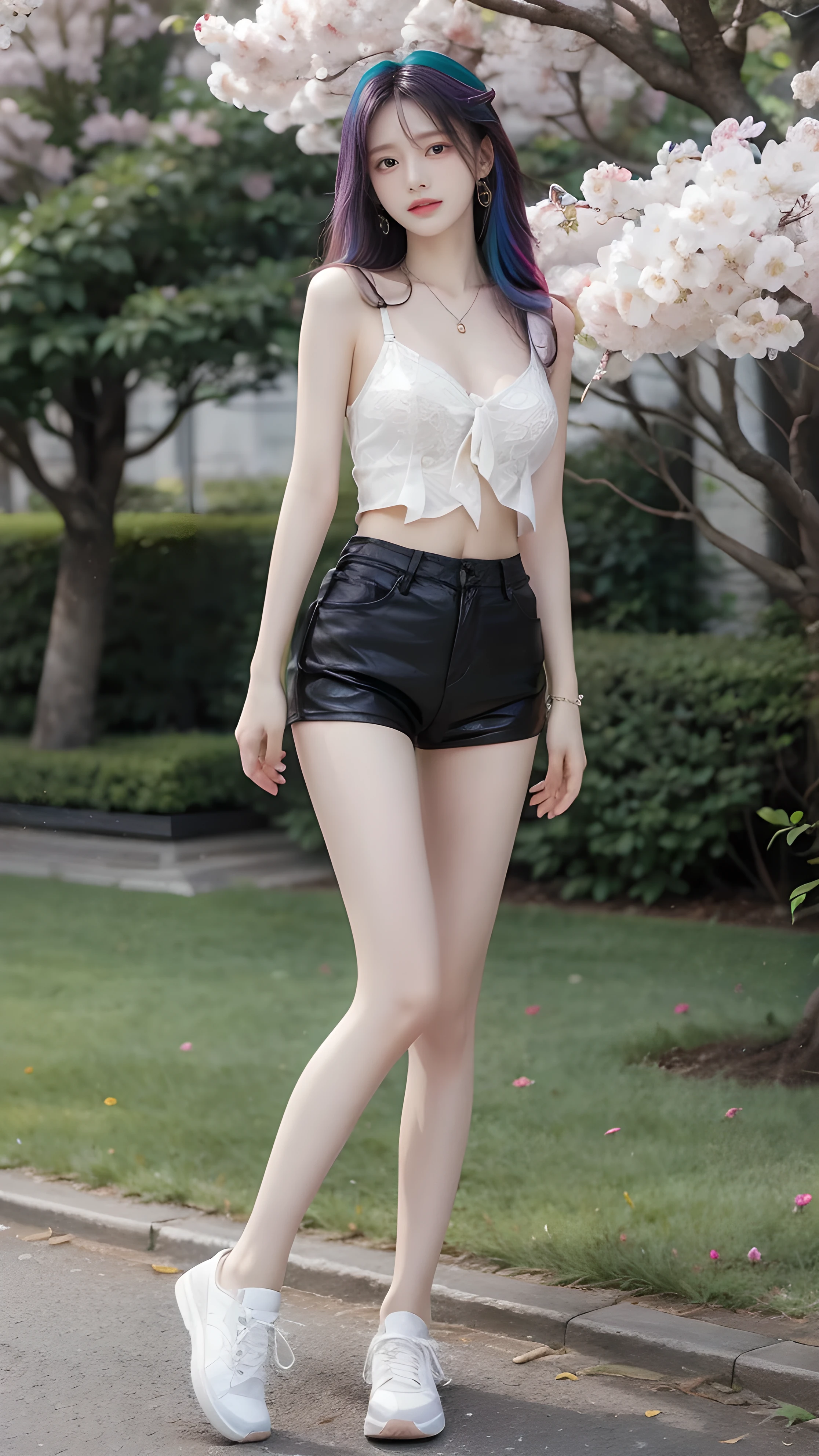  maximum resolution,  Very Detailed ,  1 girl,  Looking at the viewer ,  Very Long Hair ,  white hair,  rainbow hair , Multicolored hair, Seductive expression,  Dark Makeup, Aperture F2.8,  Multi View Image , outdoor, Women's Chest Show Top,Skinny Leather Shorts , sneakers ,Slim legs,stand, park,Cherry blossom tree,Flowers Full Garden , Body Movement ,windy,necklace,earring,