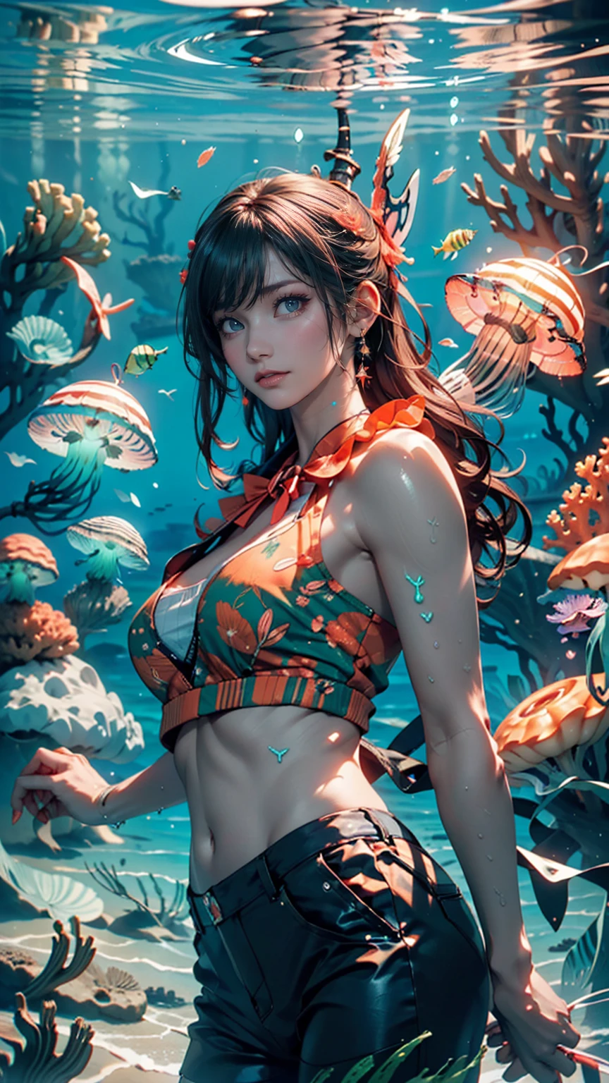 (masterpiece), (best quality:1.2), absurdres, [:intricate details:0.2], Under the sea, blue eyes, large breast, scales, a beautiful Little (Mermwims gracefully with her bright red hair flowing behind her, surrounded by schools of colorful tropical fish, coral reefs, and sea anemones. The vibrant hues of blues, create a surreal and magical underwater world that leaves the viewer in awe,