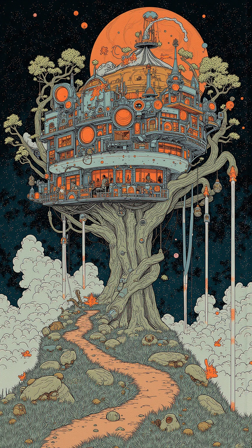 細い面相筆で描かれたジャングルとTreehouseそして様々Animals, and other items 々, dmt Death of Ego , Exquisite Futuristic Art , DMT Art, DMT Egodes , Art drawn by Keiichi Tanaami in the style of Dan Mumford and Alex Grey, Psychedelic Transart , Ultra Detailed Fantastic Art ,epic shamanic DMT Art, Shamanism DMT Horror Art , visionary art style, Hi-Res Fantastic Art,Tanaami Keiichi Memorial Work ,カラフルな Psychedelic Transart , zebra,giraffe,Chimpanzee,Parakeet,Tiger,Treehouse
