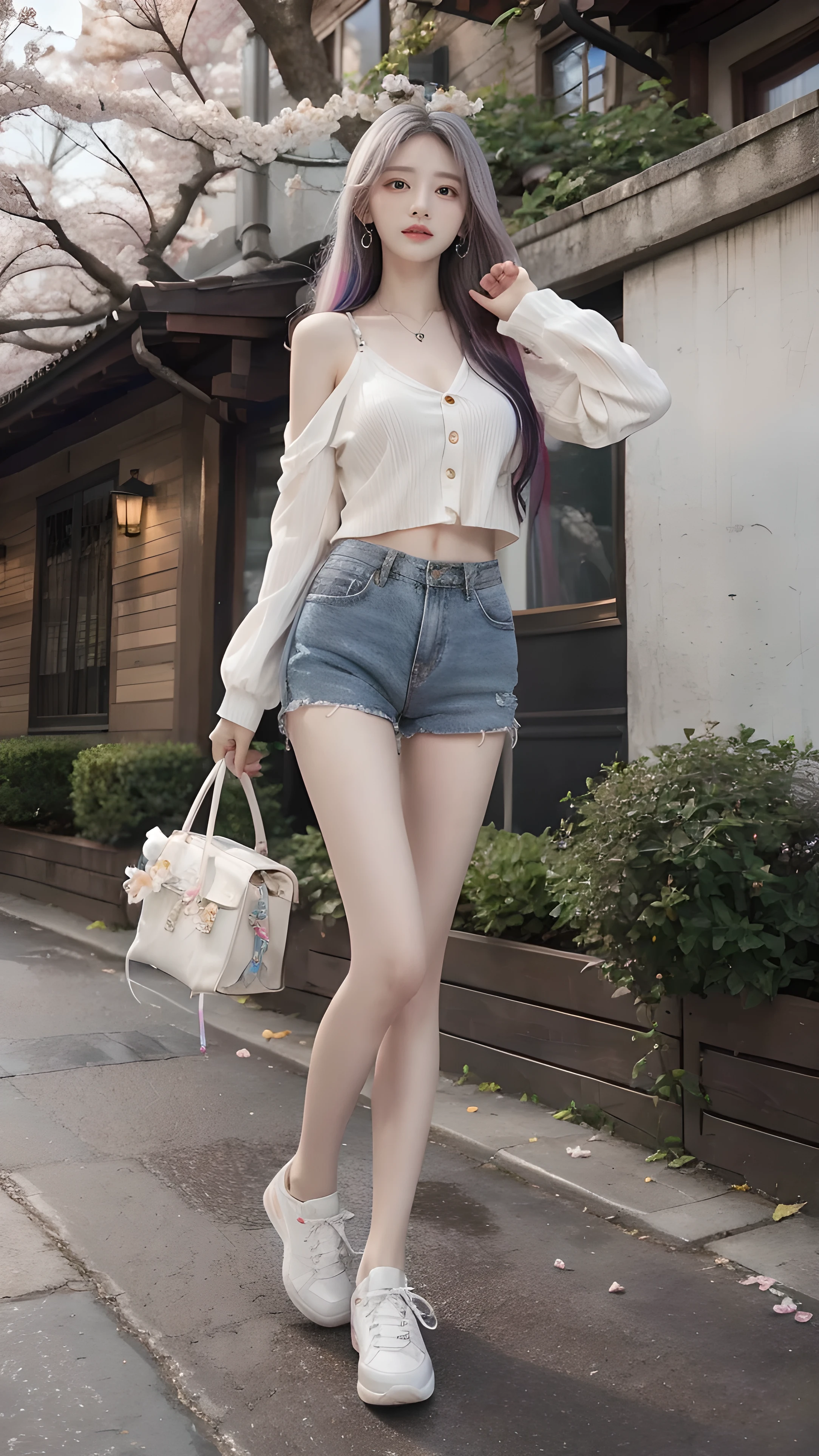 maximum resolution, Very Detailed , 1 girl, Looking at the viewer , Very Long Hair , white hair, rainbow hair , Multicolored hair, Seductive expression, Dark Makeup, Aperture F2.8, Multi View Image , outdoor, Women's Chest Show Top,Skinny Leather Shorts , sneakers ,Slim legs,stand, park,Cherry blossom tree,Flowers Full Garden , body movement repair,windy,necklace,earring,